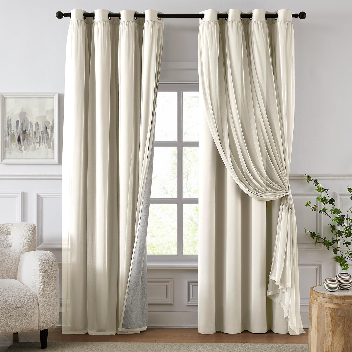 Swandream 100% Blackout Curtains for Bedroom, Double Layer Ivory Curtains, Black Out Curtain 63 inch Long with Sheer Overlay for Living Roo…