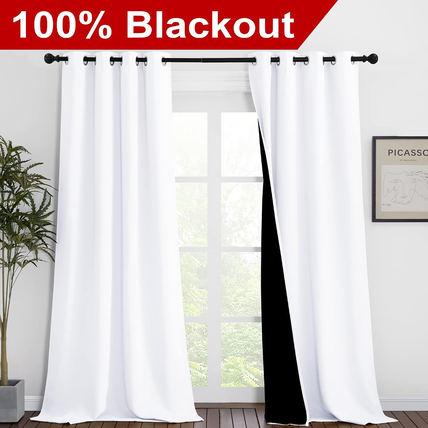 Nicetown White 100% Blackout Curtains for Windows, Pack of 2, 46" W x 102" L, Super Heavy-Duty Black Lined Total Darkness Drapes for Bedroo…