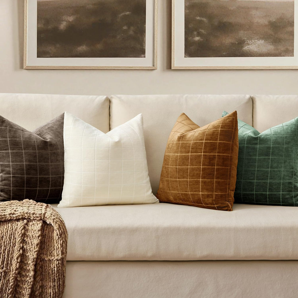 Miulee Decorative Chenille Check Euro Shams Throw Pillow Covers Vintage Plaid Couch Pillows 24x24 Inch Set of 2 Neutral Boho Cushions Moder…
