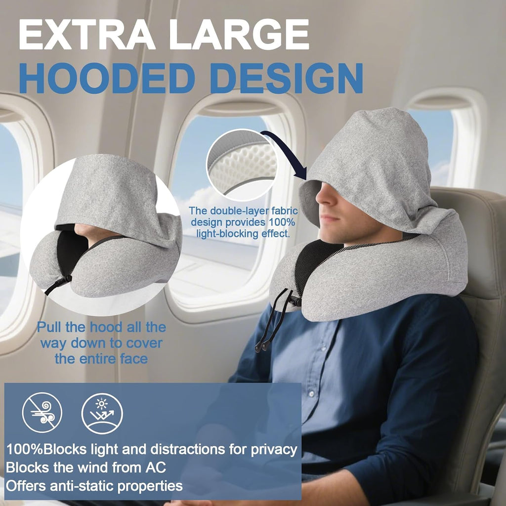 Travel Neck Pillow with 100% Light-Blocking Hood – Ergonomic Memory Foam Support Pillow for Airplane, Long Flights, Road Trips, Office…