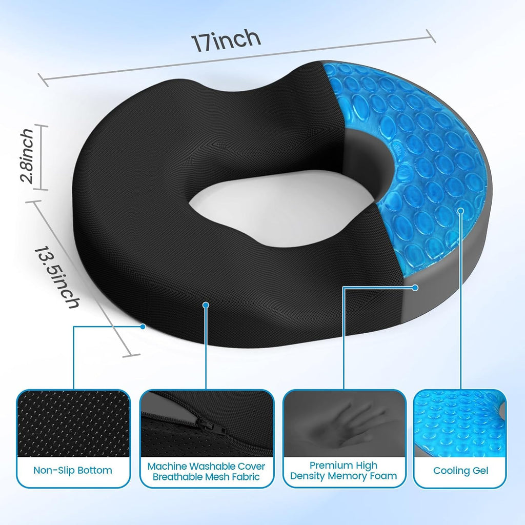 CushZone Donut Pillow Seat Cushion - Cooling Gel Donut Chair Cushions, Memory Foam Seat Cushion for Office & Home, Car Seat Cushion and But…