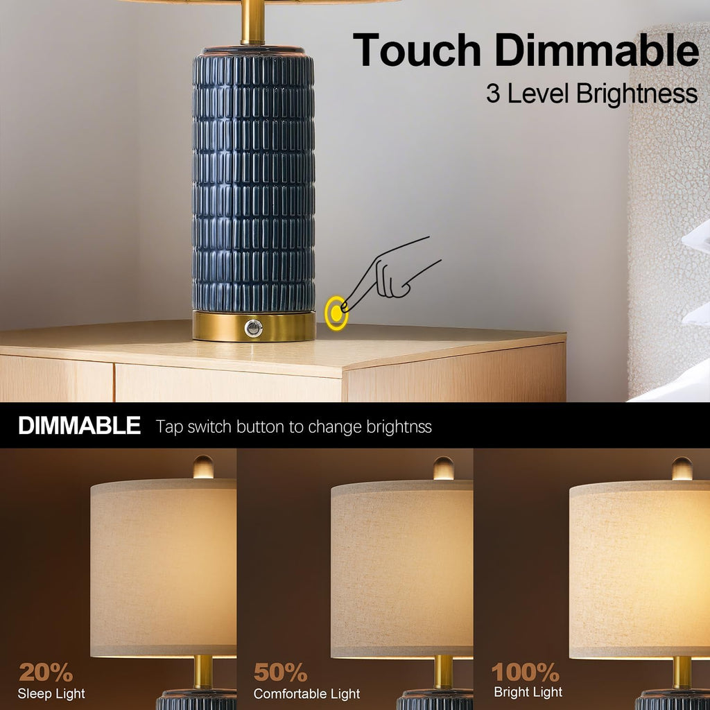 PoKat Touch Bedside Table Lamps with USB Ports for Bedroom, 25'' Dimmable Nightstand Touch Lamps for Living Room, Blue Ceramic Lamps with…
