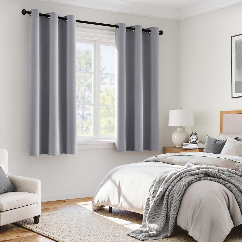 Miulee Light Grey 100% Blackout Curtains for Bedroom 63 Inch Long, 2 Thick Layers Thermal Insulated Black Out Window Curtains with Black Li…