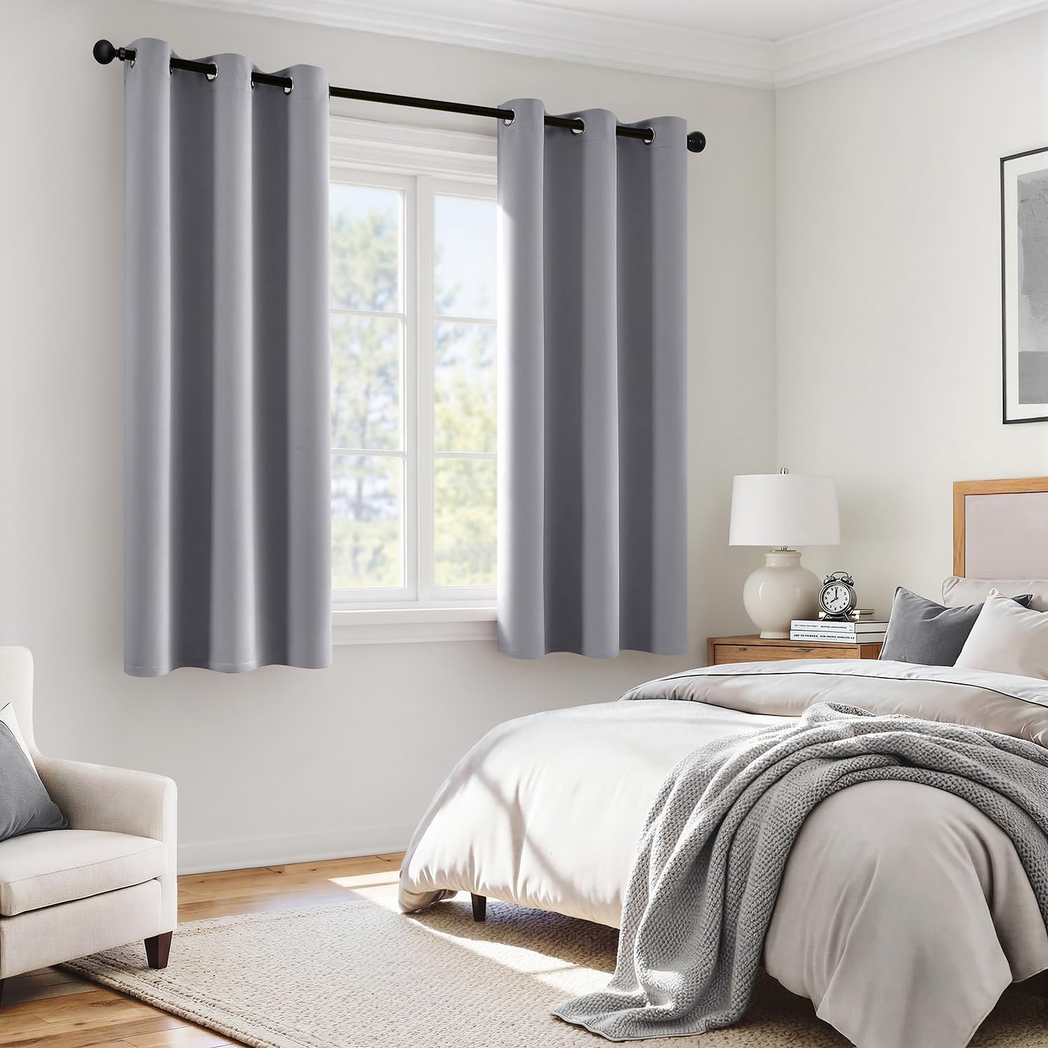 Miulee Light Grey 100% Blackout Curtains for Bedroom 63 Inch Long, 2 Thick Layers Thermal Insulated Black Out Window Curtains with Black Li…
