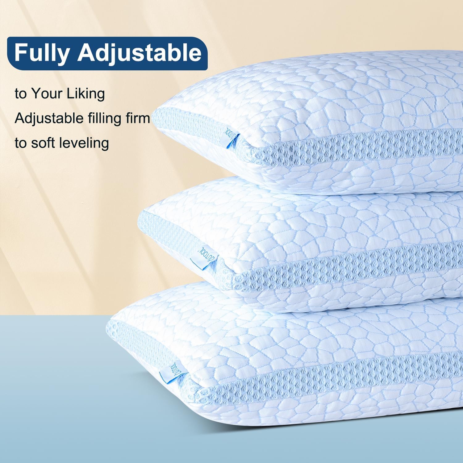 Qutool Enhanced Cooling Pillows for Sleeping, CertiPUR-US Shredded Memory Foam Pillows Queen Size Set of 2 for Hot Sleeper, Adjustable Bed…