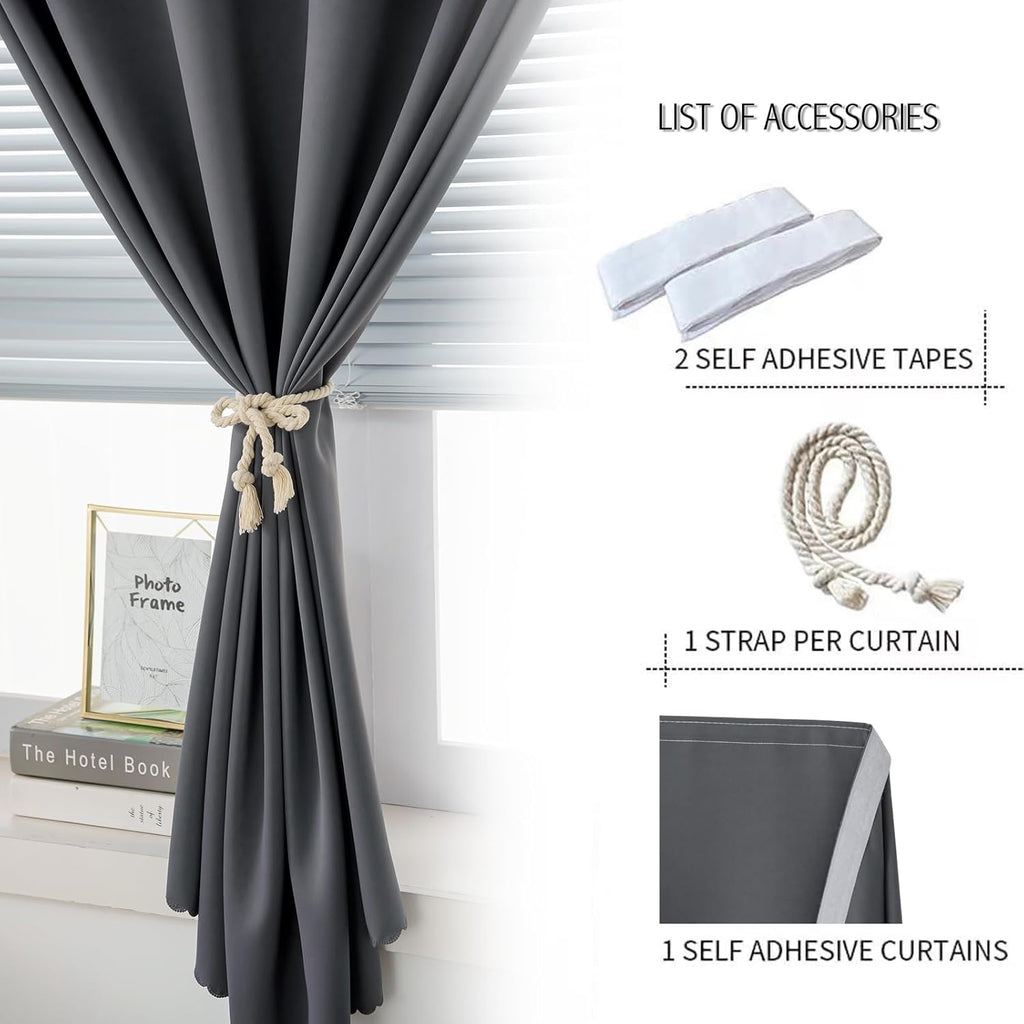 Magic Tape Blackout Curtains for Bedroom No Drillng Self Adhesive Curtains No Rod Small Window, 47" W X 84" L, Grey, 1 Panel