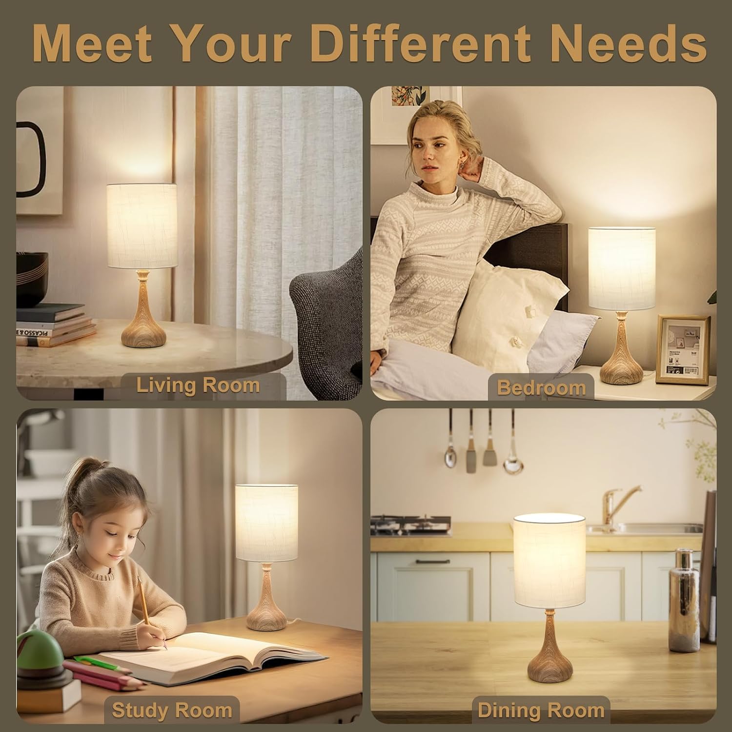 Dimmable Small Table Lamp, Bedside Lamps Touch Control for Bedrooms Nightstand with Wood Grain Base, Desk Lamp Night Light for Office…