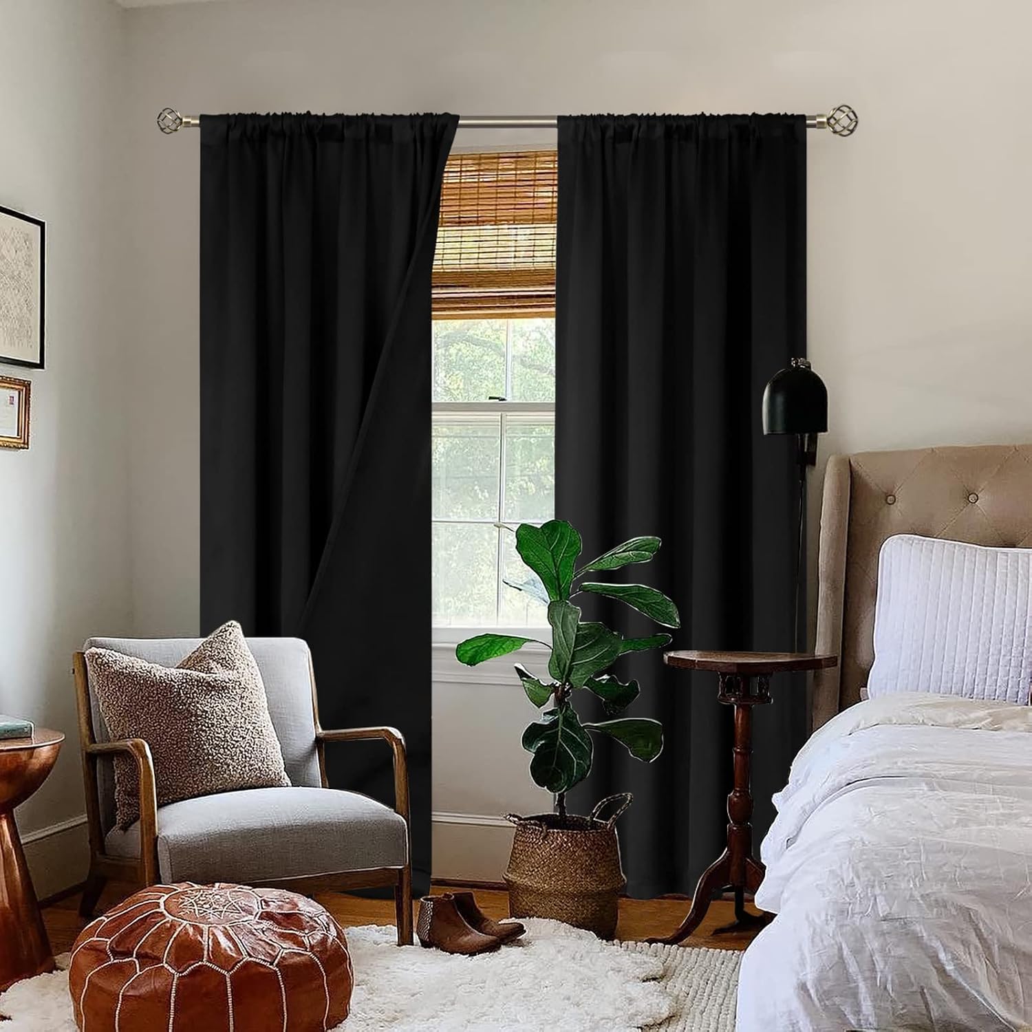 BGment Black Blackout Curtains for Bedroom 90 Inch Length, Rod Pocket 100% Blackout Curtains with Thermal Liner Room Darkening Curtains…