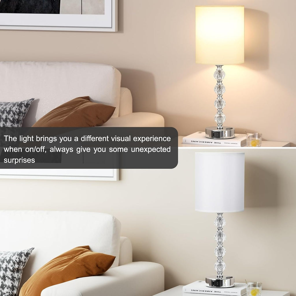 Touch Bedside Crystal Lamps for Bedrooms Nightstand with USB C+A Charging Port and AC Outlet White, 3 Way Dimmable Silver Large End Side…