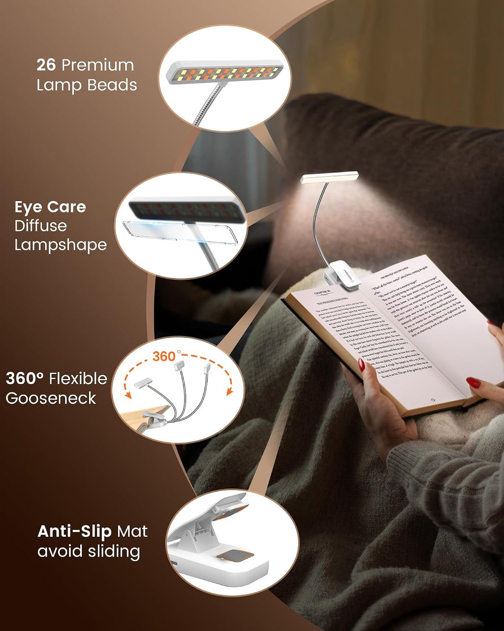 Glocusent 26 LED Book Light, 1200 mAh 90 Hrs Lasting Rechargeable Reading Light, 5 Amber Colors & Stepless Dimming Book Reading Light…