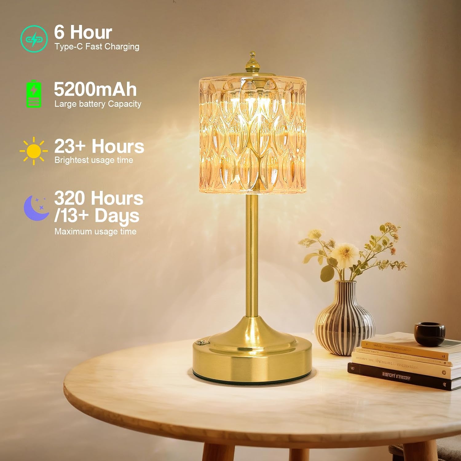 Cordless Crystal Table Lamp, 5200mAh Rechargeable Battery, 3 Color Dimmable Touch Control, Portable Vintage Gold Desk Lamp for Bedroom…