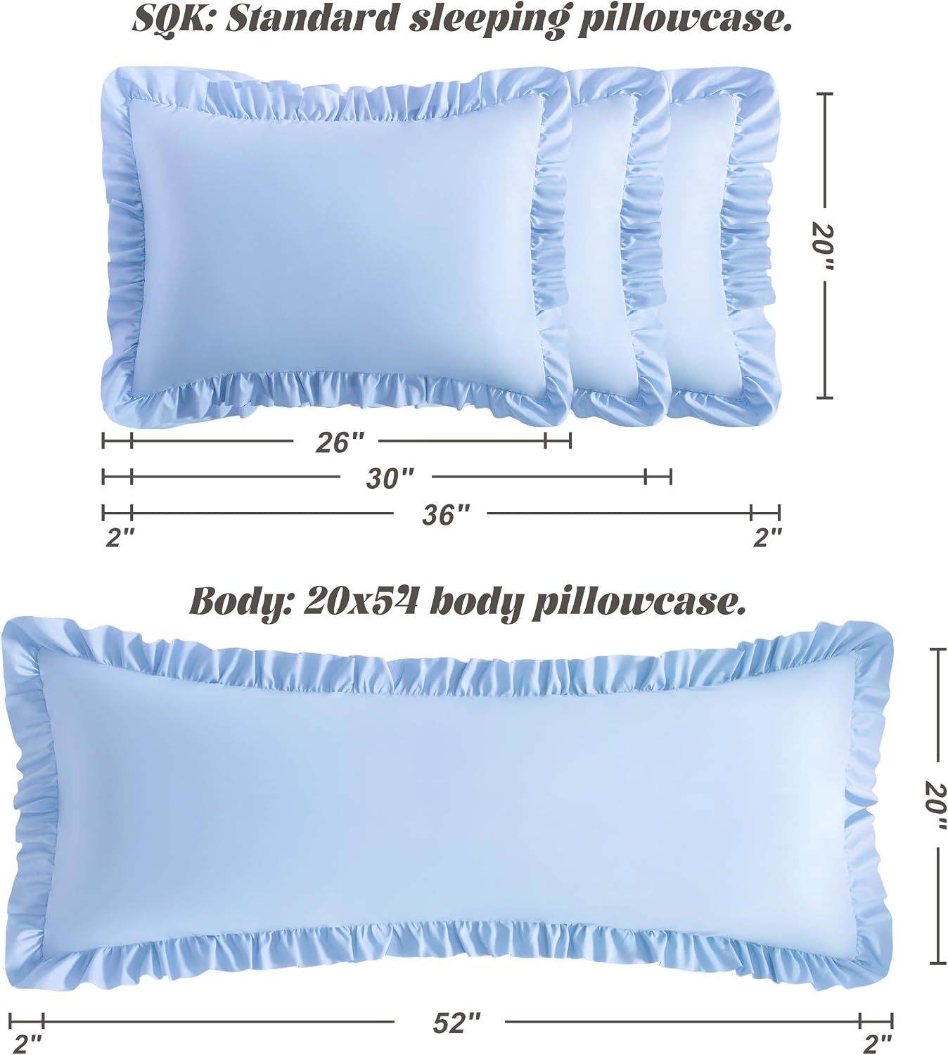 Bedsum Ruffled Body Pillowcase, 20x54 Inches, Brushed Microfiber with Envelope Closure, Soft Wrinkle-Resistant, Sky Blue Blue