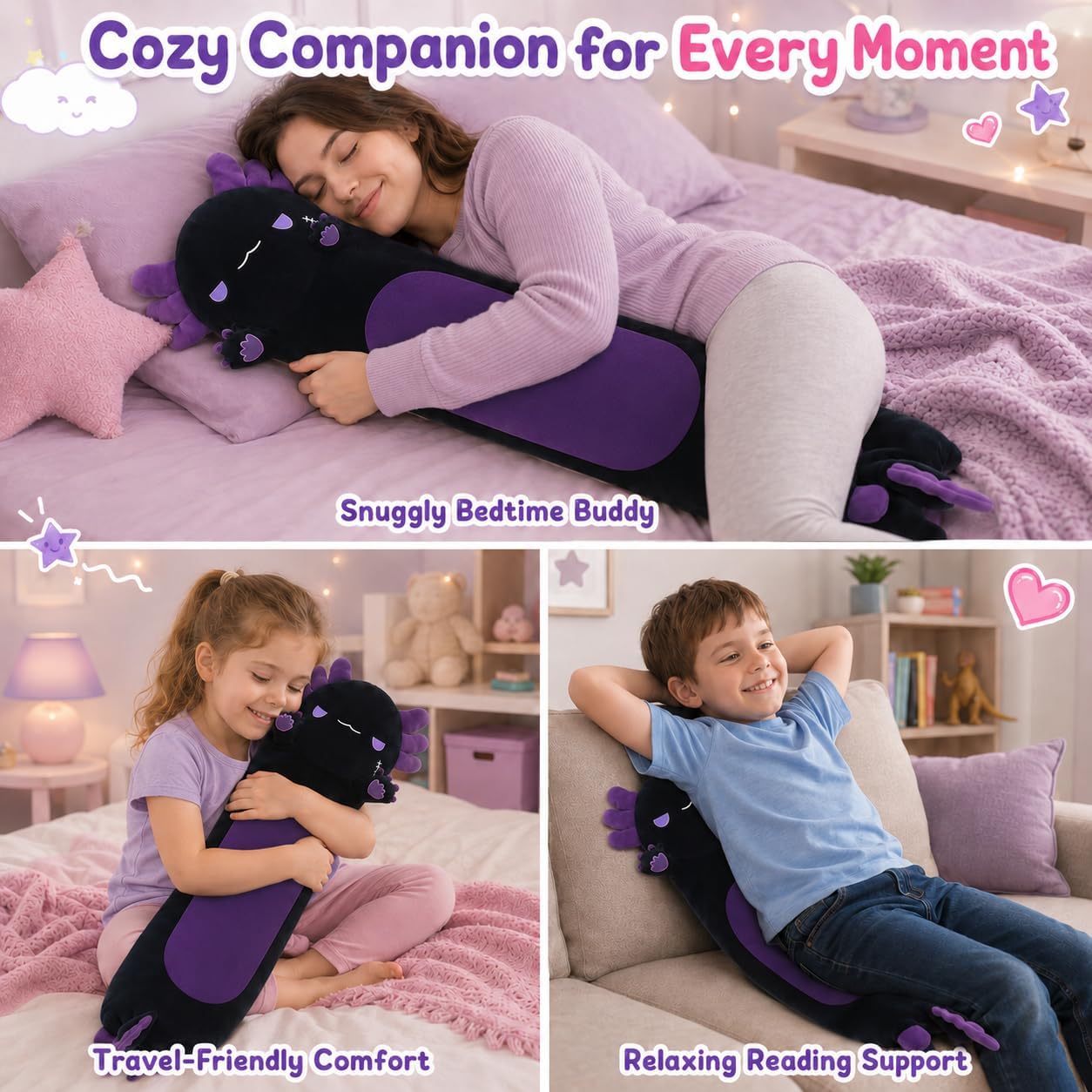 Long Axolotl Stuffed Animals 35.4 Inch, Soft Axolotl Plush Pillow Cute Body Pillow Gifts for Kids Girlfriend, Black&Purple