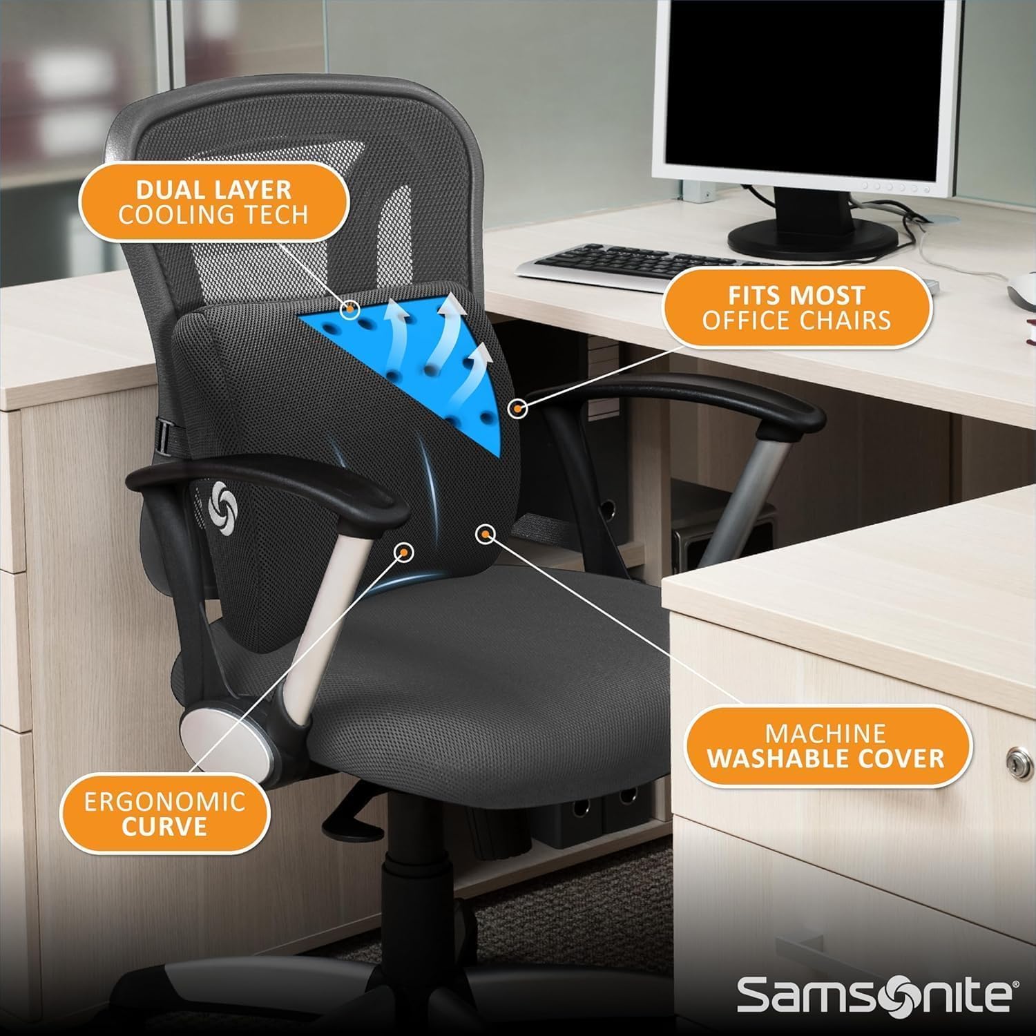 Samsonite Memory Foam Lumbar Support Pillow for Office Chair, Gaming Chair & Car Seat Automotive Use, Home Office Essentials for Sitting…