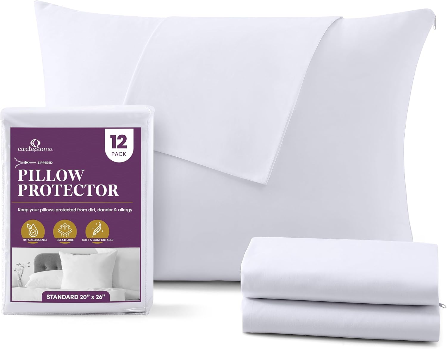 CirclesHome Pillow Protectors 12 Pack Standard Zippered - 100% Cotton Breathable Pillowcases - Protects Pillows from Dirt, Dust and Debris…