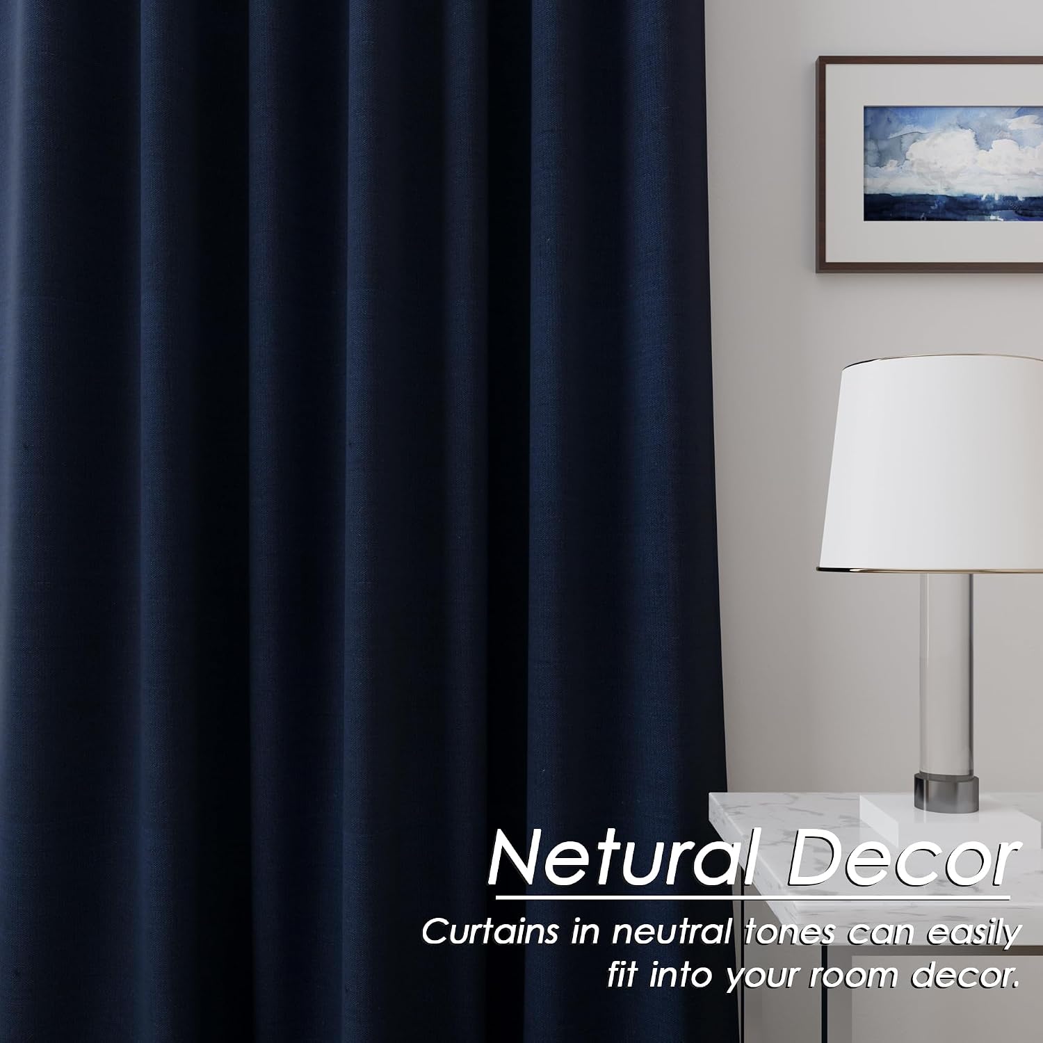 Nanspring Navy Blue 100% Blackout Linen Curtains for Bedroom 80 Inches Long Back Tab Thermal Insulated Modern Luxury Nautical Decor Black O…