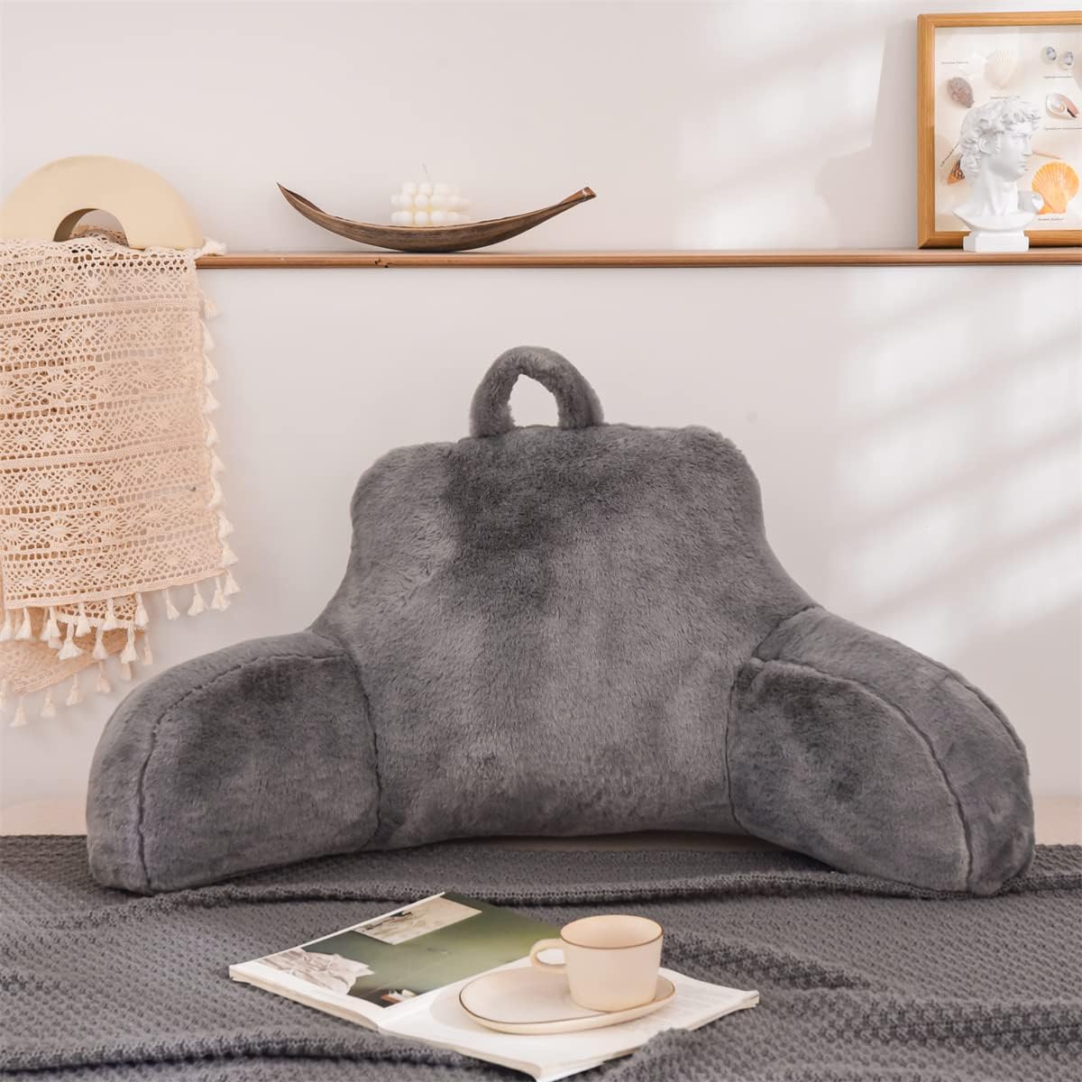 Holawakaka Standard Faux Fur Bed Rest Pillow with Arms, Artificial Rabbit Fur Reading Pillows Perfect for Adults, Teens, Kids, Pregnancy Lu…