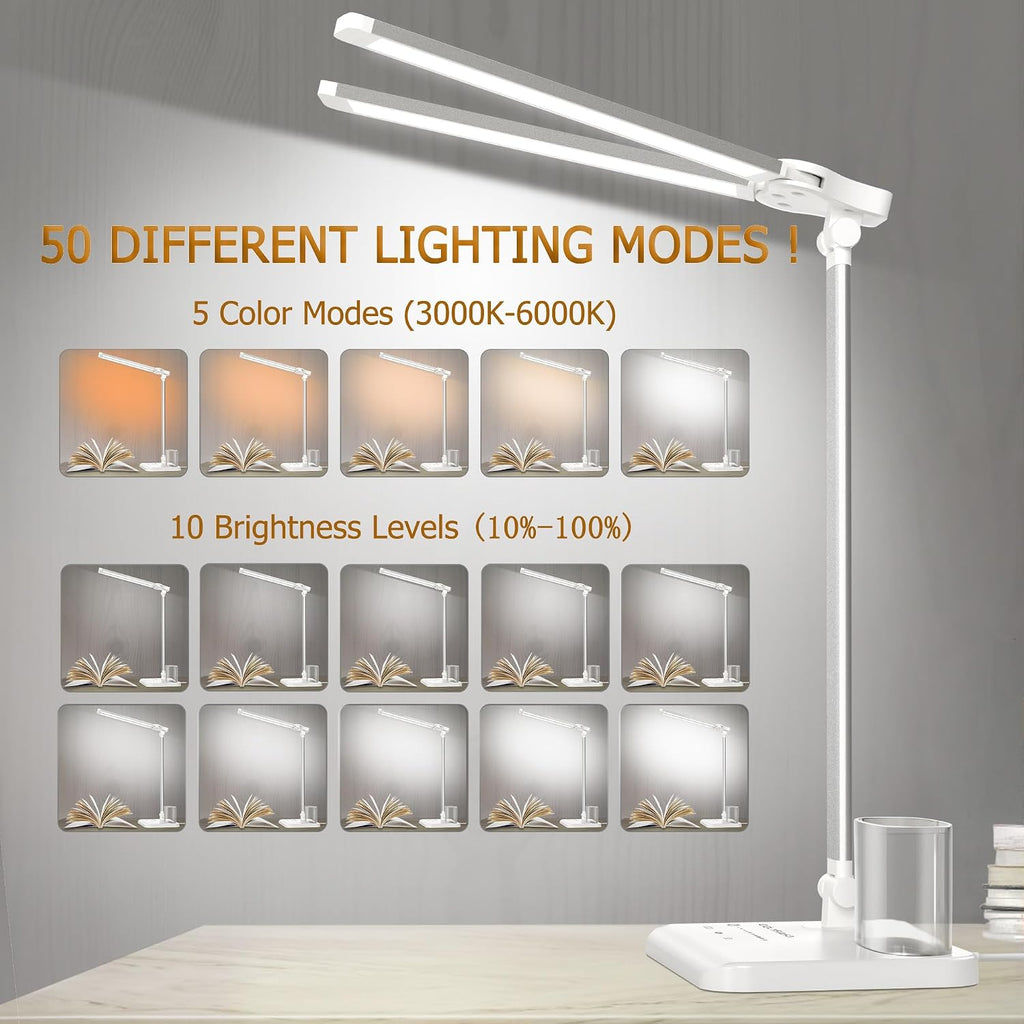 LED Desk Lamp Dimmable Table Lamp with USB Charging Port, 50 Lighting Modes, Adjustable Foldable Dual Swing Arm Architect Desk Lamp for…
