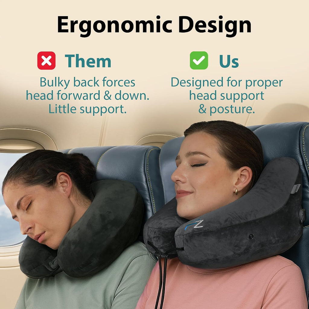 FLOWZOOM Air Inflatable Neck Pillow for Traveling on Plane - H-Shape Hooded Airplane Pillow with 5 Snooze Modes, Fast Inflation, Pressure…