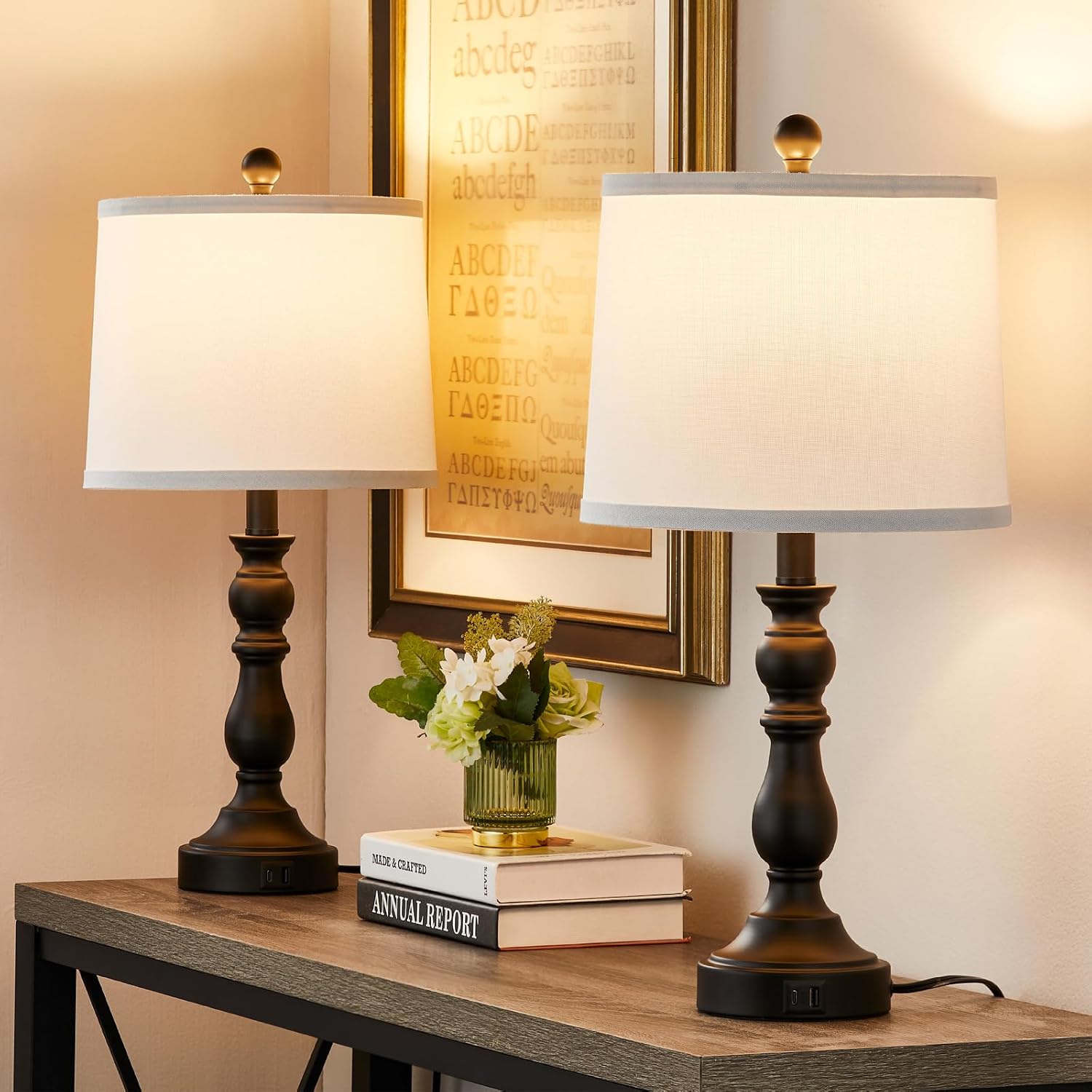 Farmhouse Side Table Lamps for Living Room Set of 2 with USB C+A Ports, Bedside Lamp for Bedroom, Dining Room Decor, Office, End Table…