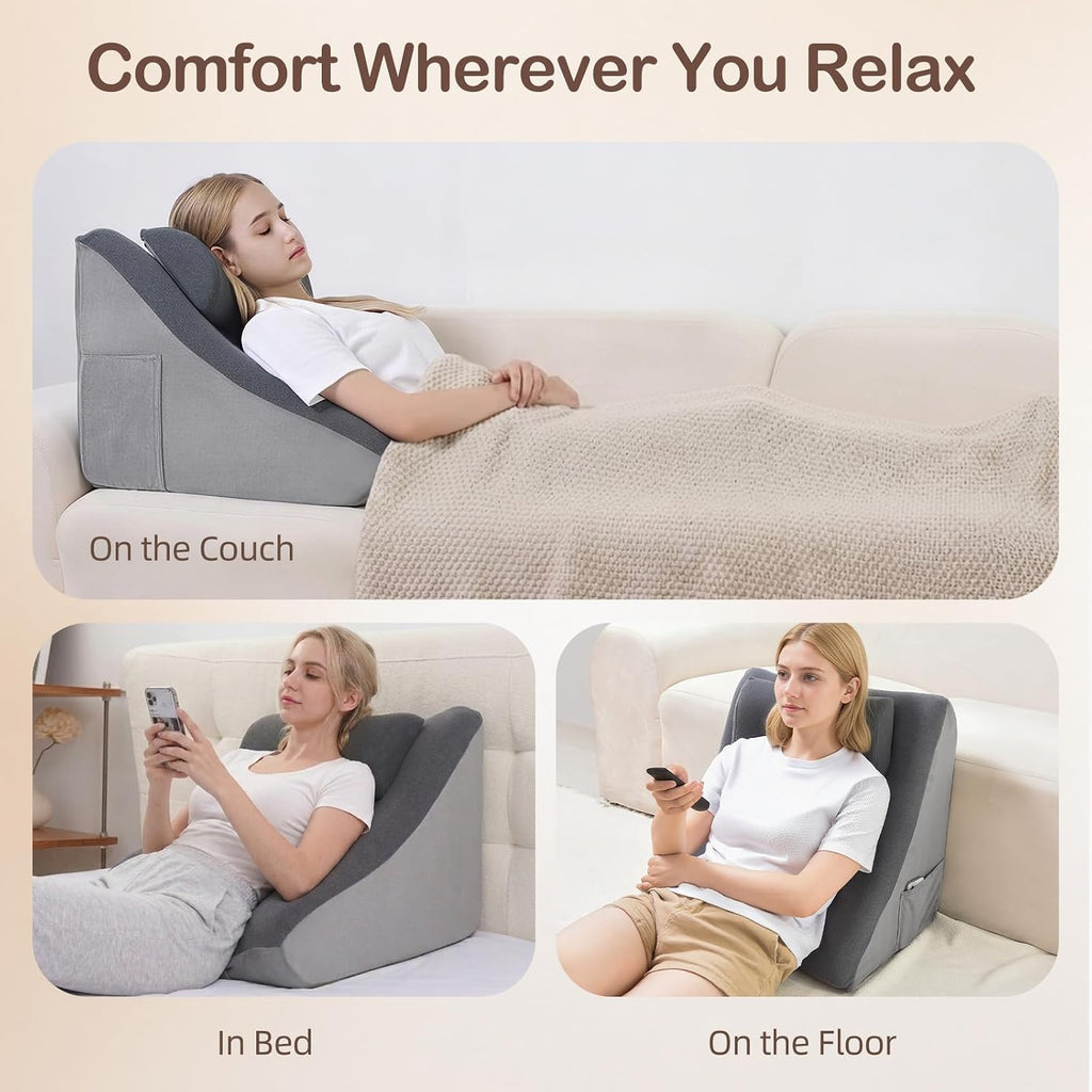Vekkia 21” Extra-Wide Back Pillow with Adjustable Headrest – 2 in 1 Ergonomic Dual-Layer Wedge Backrest for Sitting or Reclining – Adults…