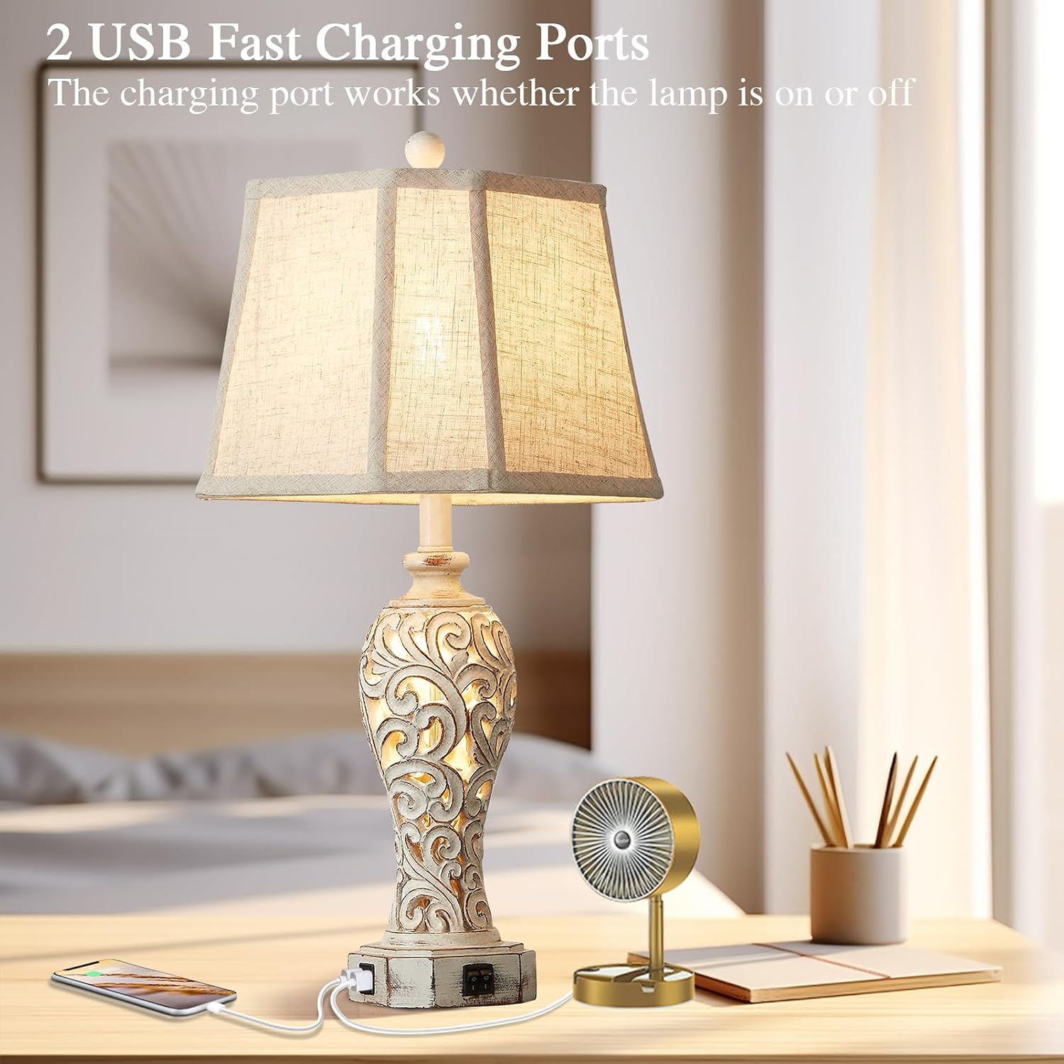 Set of 2 Rustic Table Lamps for Living Room Bedroom, Farmhouse Vintage Nightstand Lamp with 2 USB Ports, Hollow Out Resin Lamp for End…