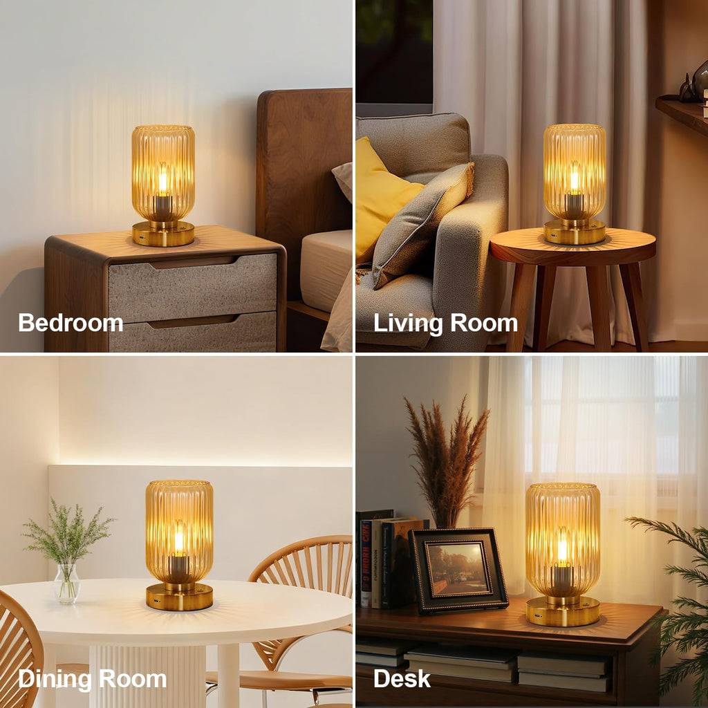 LightRound Table Lamp for Bedroom, Cordless Small Bedside Lamp, Touch Dimmable Rechargeable Lamp Battery Operated with Amber Glass Shades…