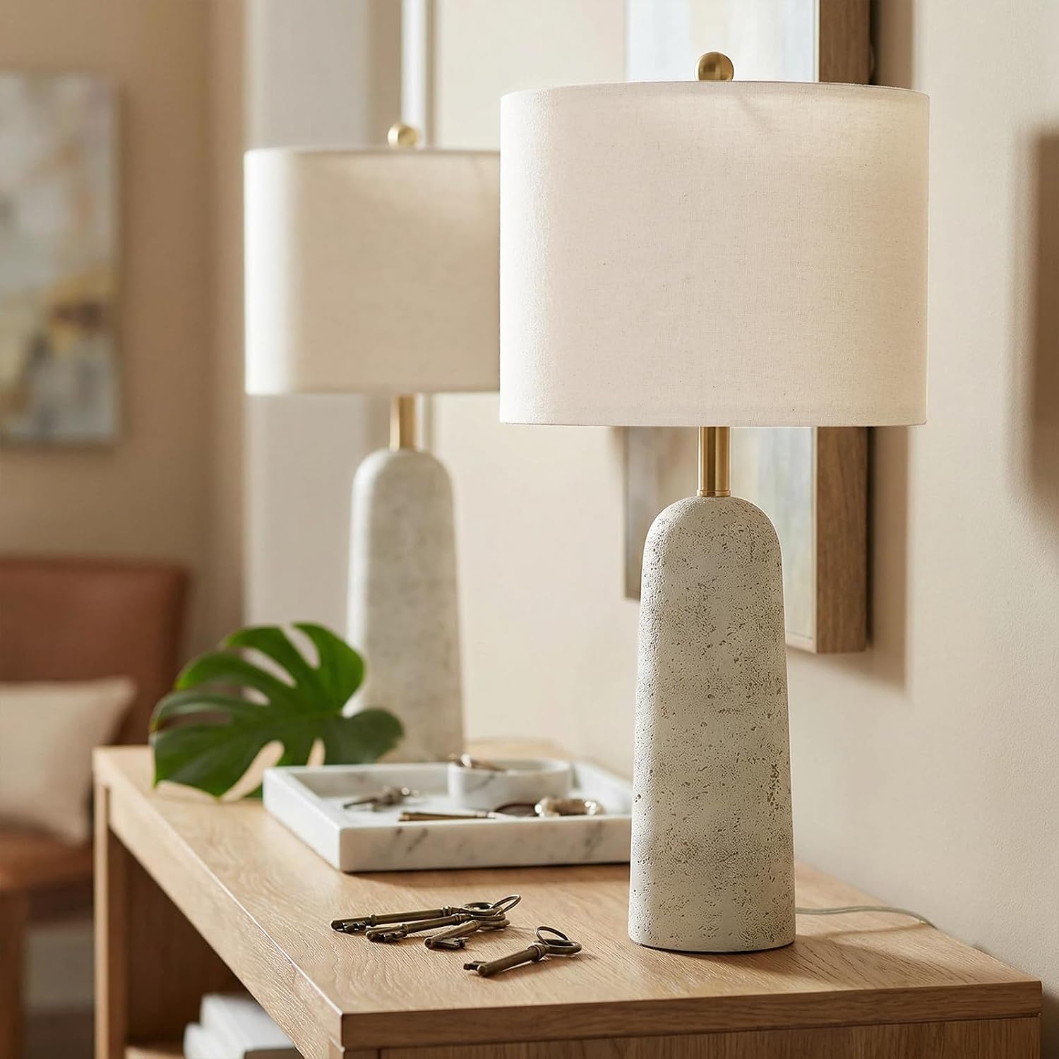 BOBOMOMO 27.25" Modern Table Lamp Set of 2, White Resin Table Lamps with Stone Look, Lamps for Living Room with Linen Shades, Bedside…