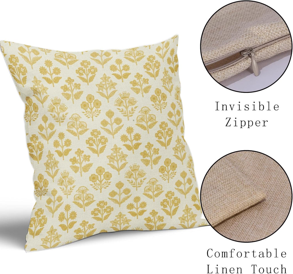 Yellow Floral Pillow Covers 20x20 Inch Set of 2, Vintage Flower Block Print Pattern Decorative Throw Pillowcases Outdoor Farmhouse…