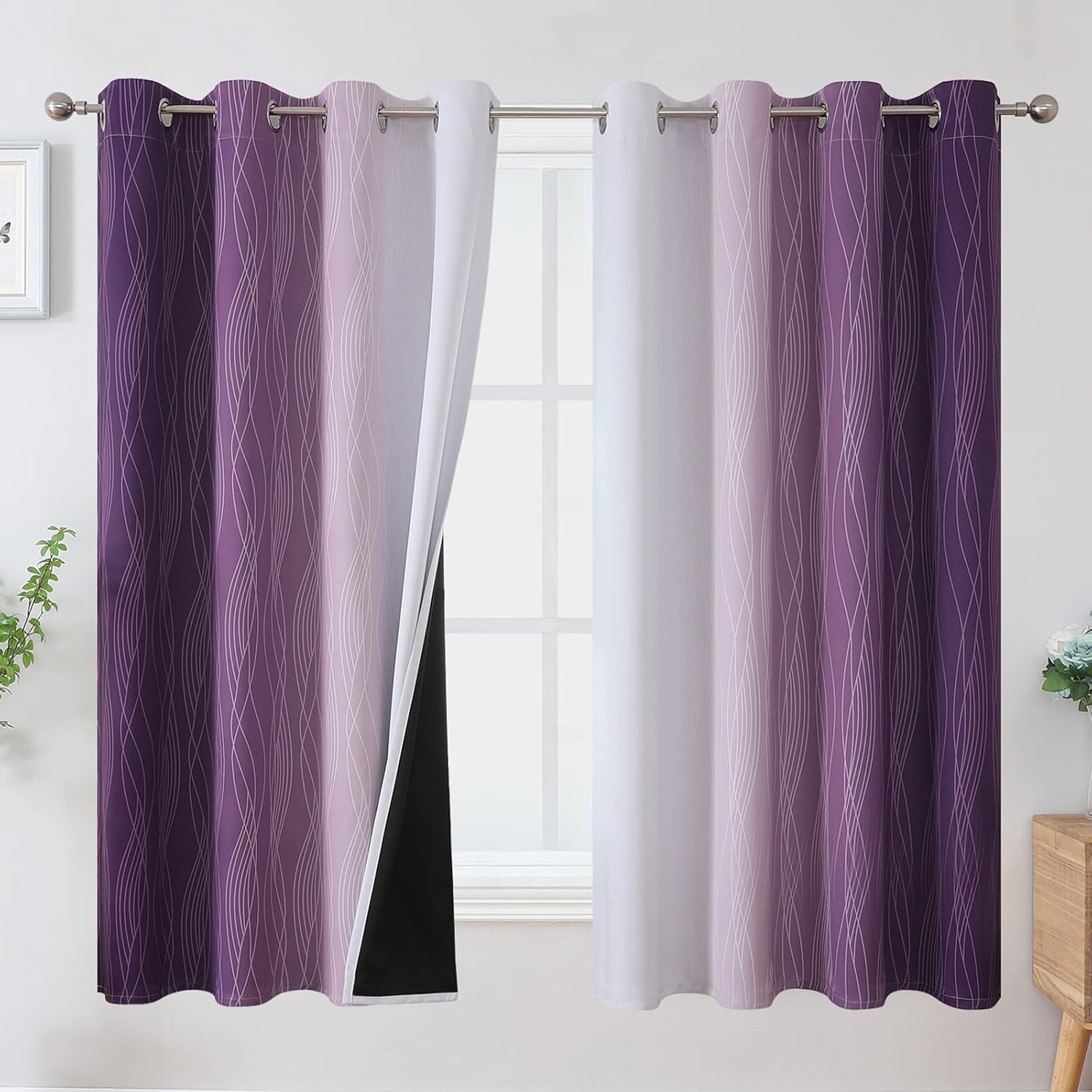 Estelartextiler Estelar Textiler Purple and Greyish White Blackout Curtains 63 Inch Length 2 Panels Set, Room Darkening Grommet Ombre Curta…