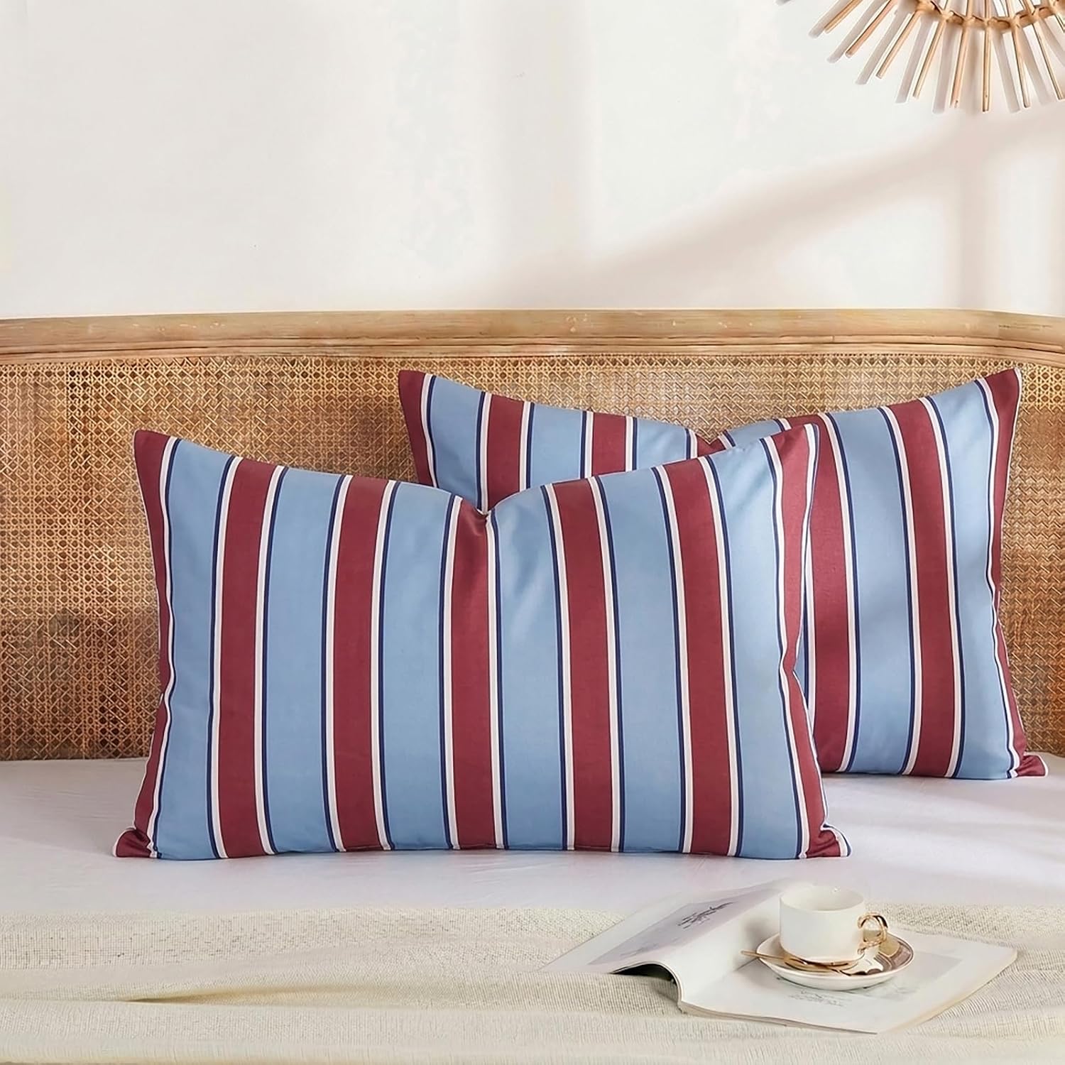 Merryword Burgundy and Blue Striped Pillowcases, 100% Cotton Pillow Cases, Standard Size Pillowcases, Luxury Linen Like Pillowcase, Soft Br…