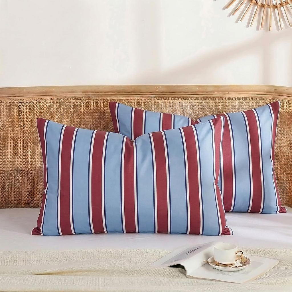 Merryword Burgundy and Blue Striped Pillowcases, 100% Cotton Pillow Cases, Queen Size Pillowcases, Luxury Linen Like Pillowcase, Soft Breat…