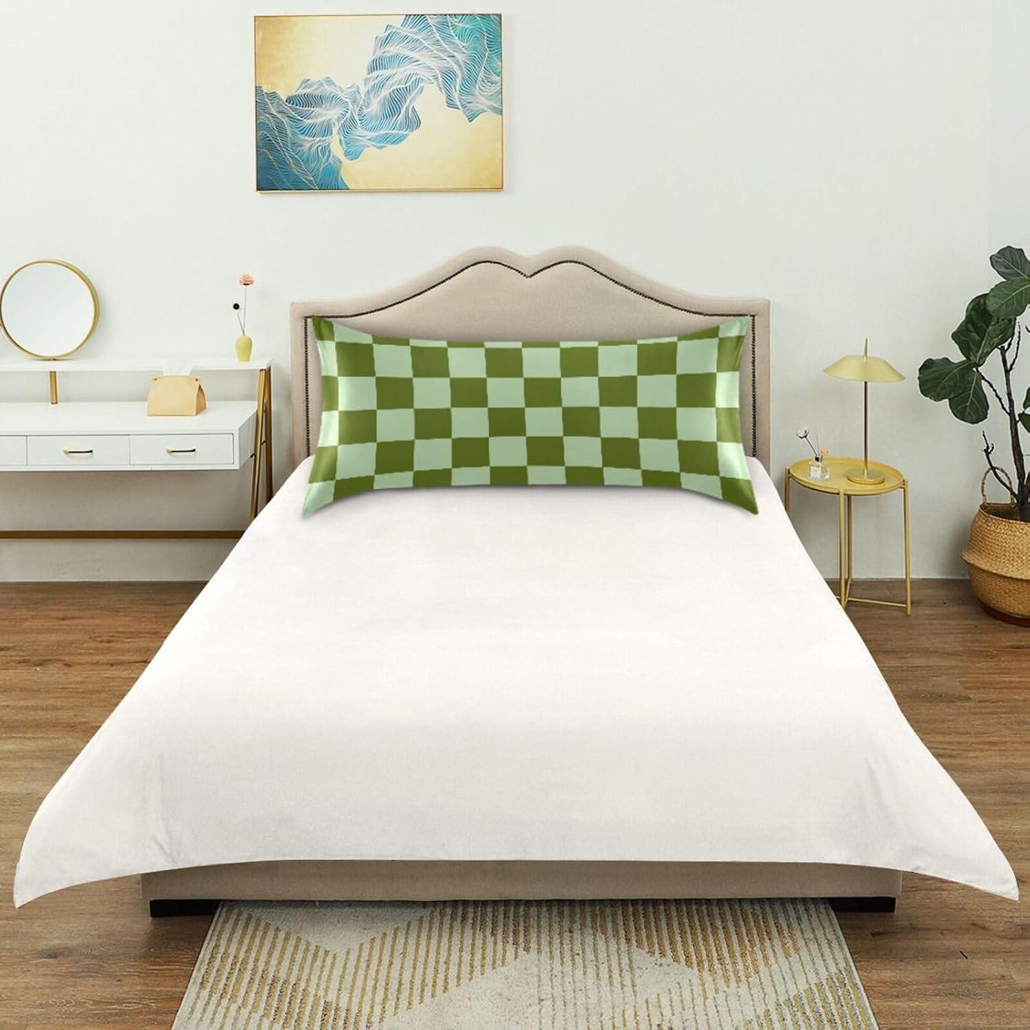 Checkerboard Green Plaid Print Pillow Covers Silk Pillowcase for Hair and Skin Soft Breathable Cooling Satin Pillowcase King Size Pillow…