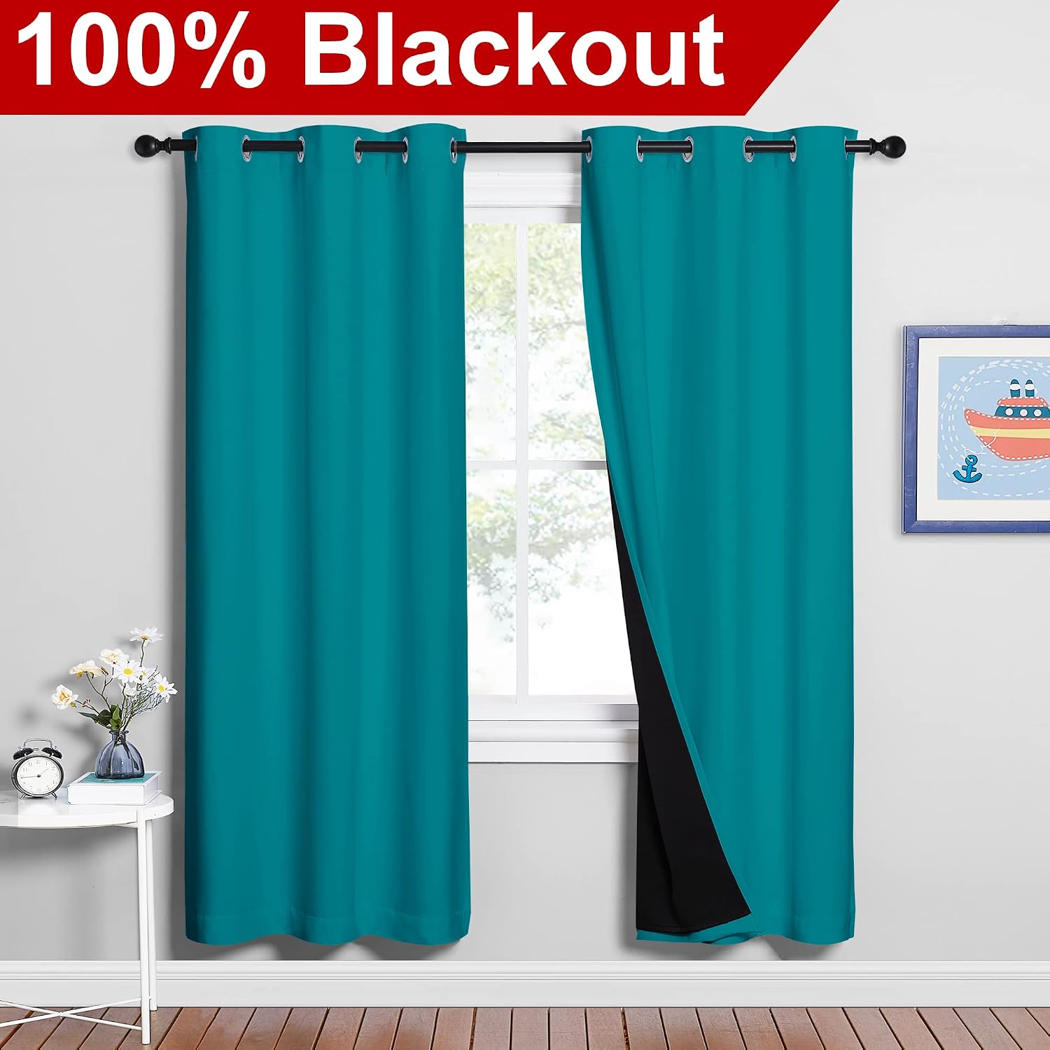 Nicetown Full Shade Curtain Panels, 37" Wide x 70" Long, Peacock Teal, Pair of Thermal Insulated & Energy Efficiency Blackout Drapes for Li…
