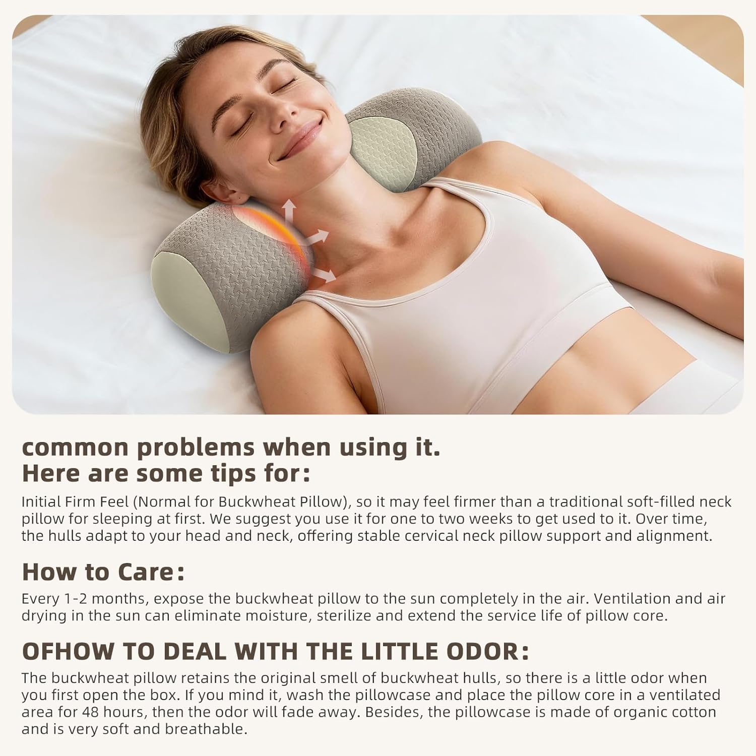 Qirelle Organic Buckwheat Cervical Neck Pillow, Adjustable Neck Roll for Sleeping, Ergonomic Neck Support Bolster for Side & Back Sl…