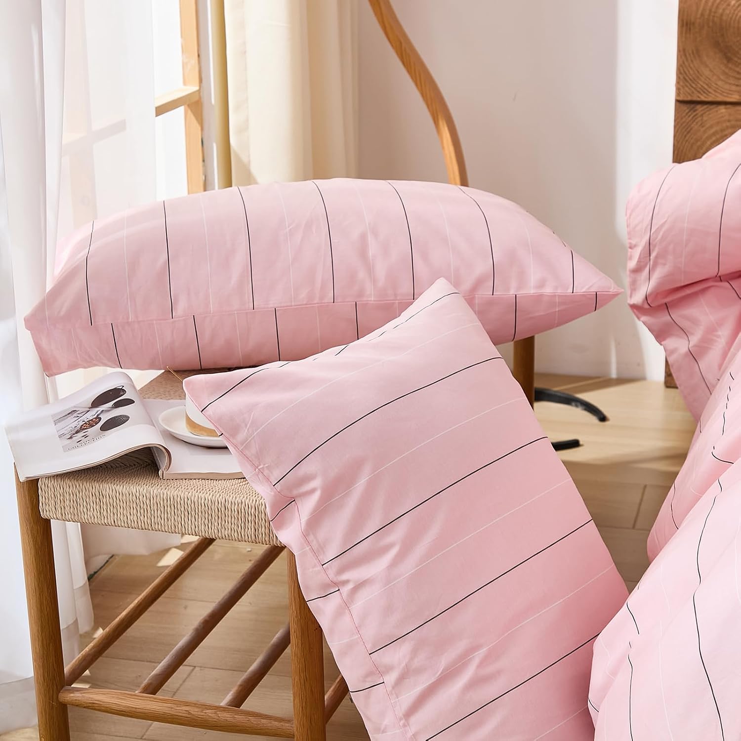 Merryword Pink Striped Pillowcases, 100% Cotton Pillow Cases, Queen Size Pillowcases, Luxury Linen Like Pillowcase, Soft Breathable Pinstri…