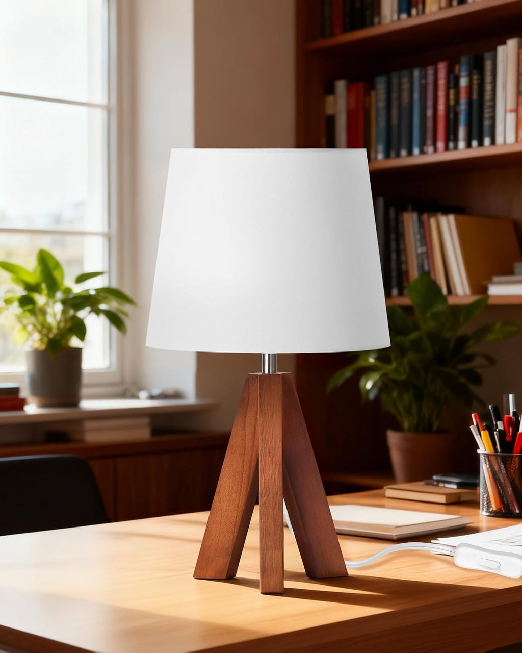 Tripod Table Lamp, Small Bedside Lamp with White Fabric Shade & Dark Wood Base, Modern Nightstand Lamp, Little Cute Desk Lamp for…