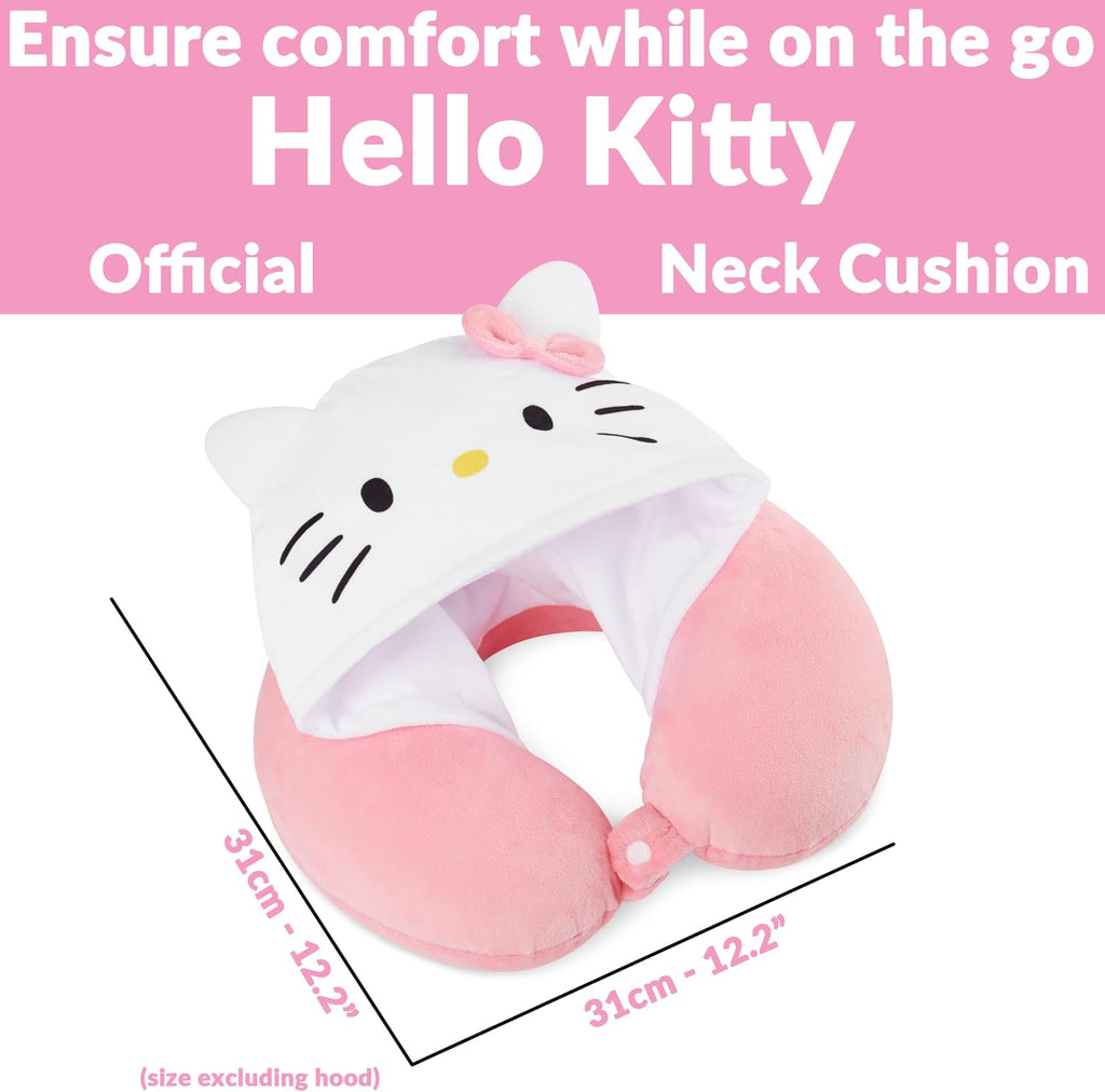 Hello Kitty Girls Teens Travel Pillow with Hood, Memory Foam Cushion Travel Accessories Flight Pillow Neck & Head Support