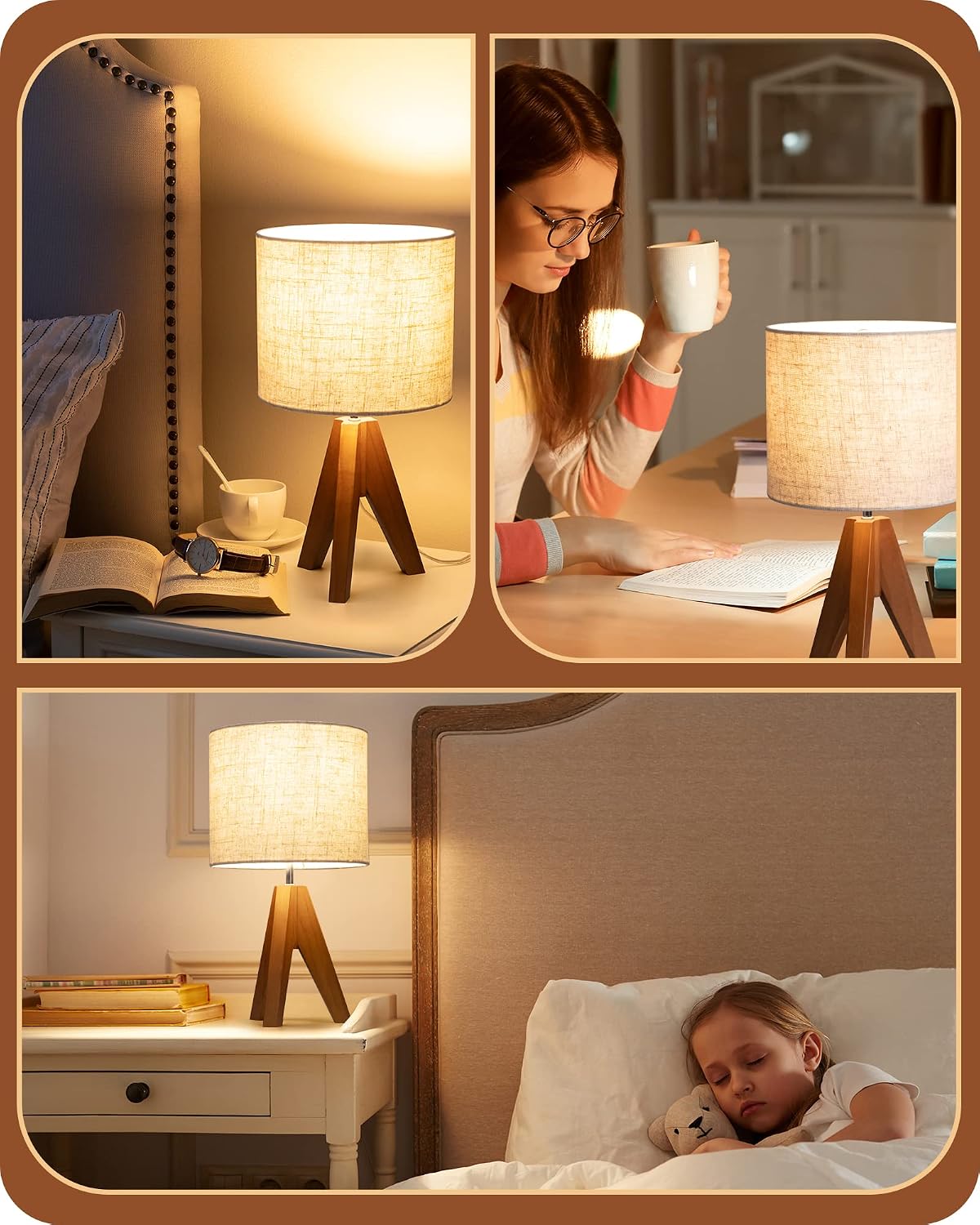 EDISHINE Small Table Lamp, Wooden Tripod Bedside Lamp with Linen Fabric Lampshade, 14.2" Nightstand Lamp for Bedroom, Living Room…
