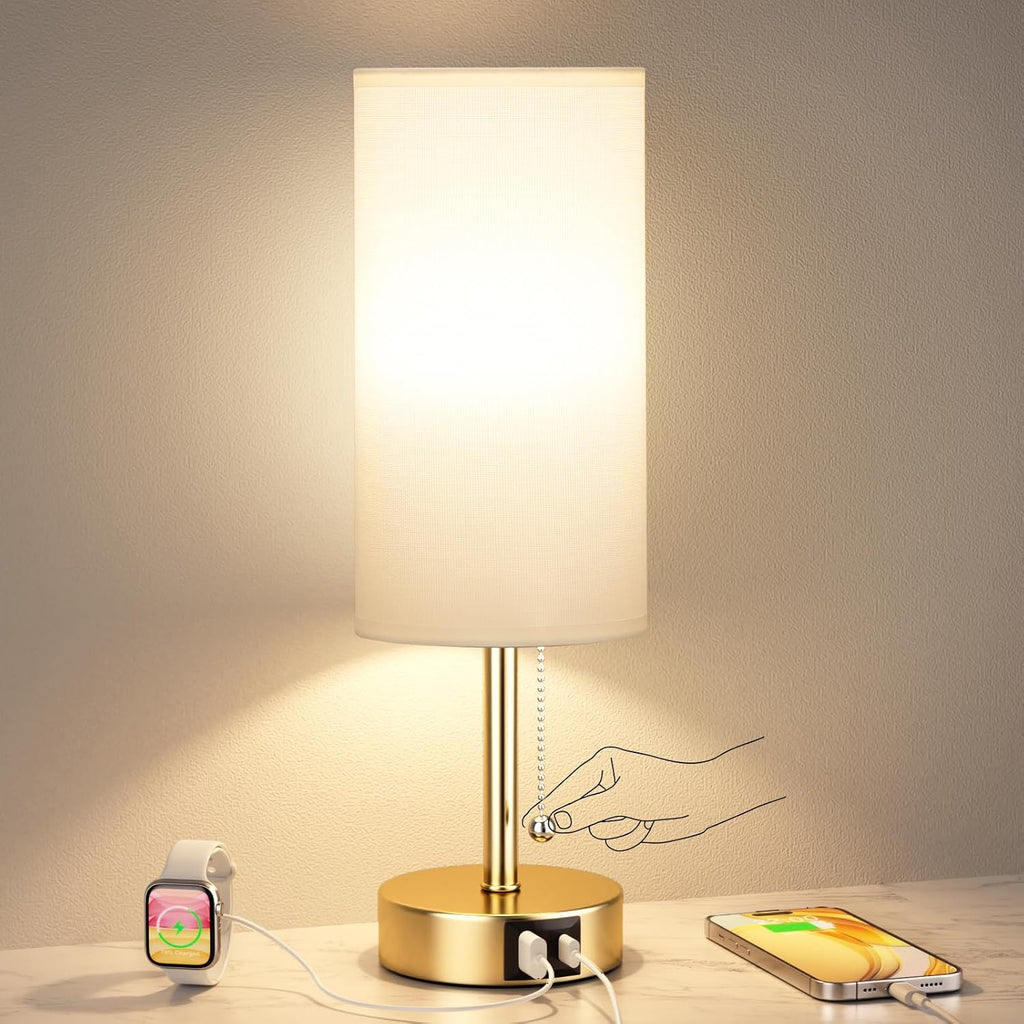 Gold Bedside Lamp for Bedroom Nightstand - Small Table Lamp with USB A + C Charging Port, 3 Color Temperatures Pull Chain Night Stand…