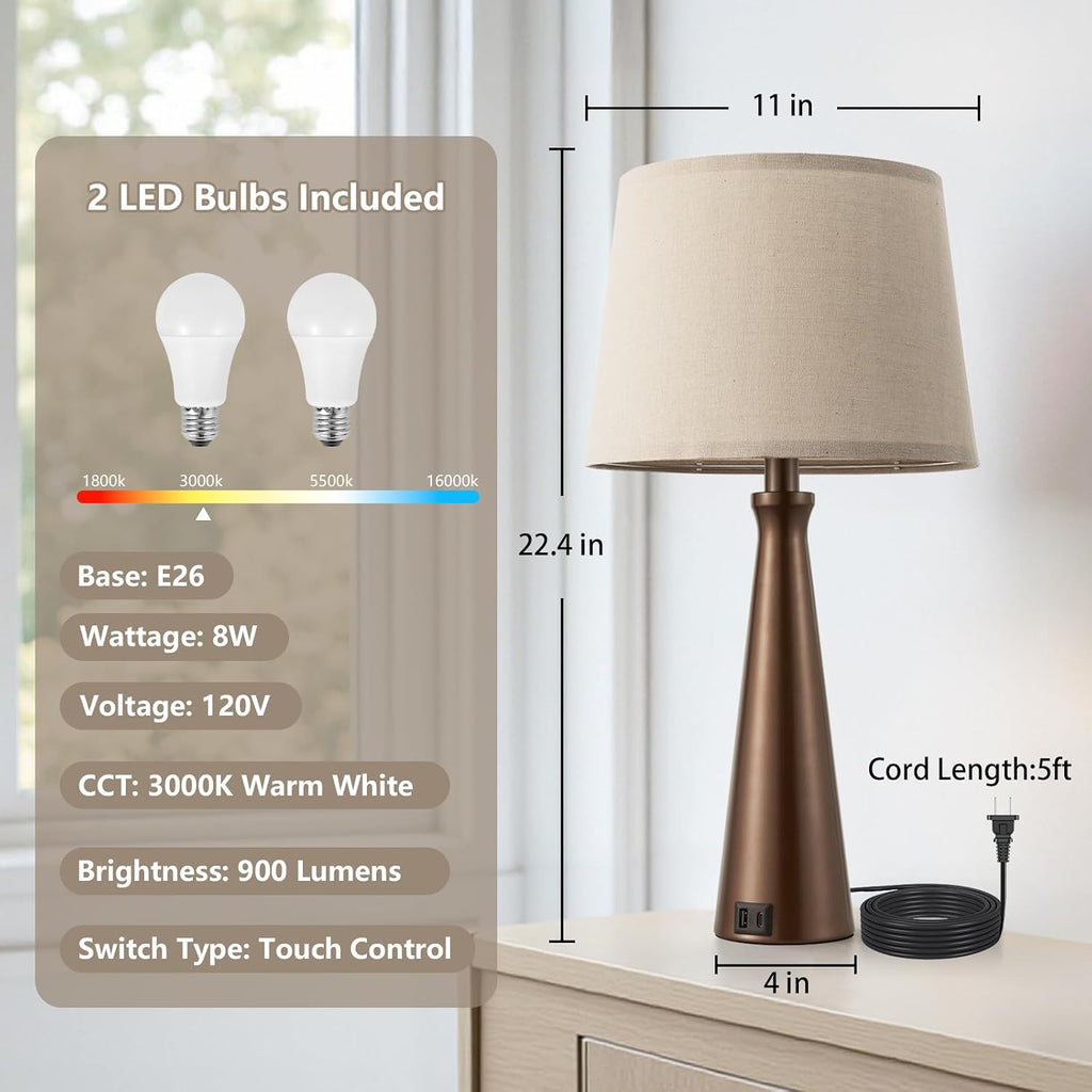 Seealle Modern Table Lamps Set of 2 - Touch Bedside Lamp for Nightstand with Dual USB C+A,3-Way Dimmable Brown Nightstand Lamps for…