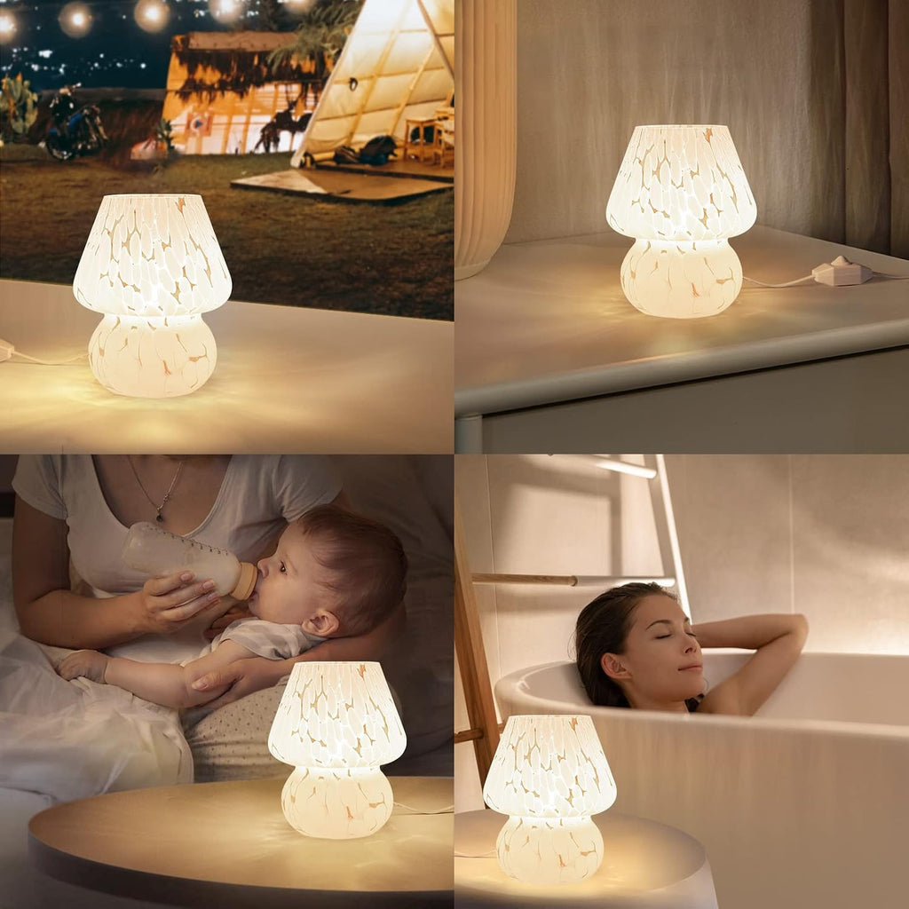 ONEWISH Cute Mushroom Lamp Small Bedside Table Lamp Set of 2 Stepless Dimmable, Translucent Glass White Nightstand Lamp for Bedroom Dorm…