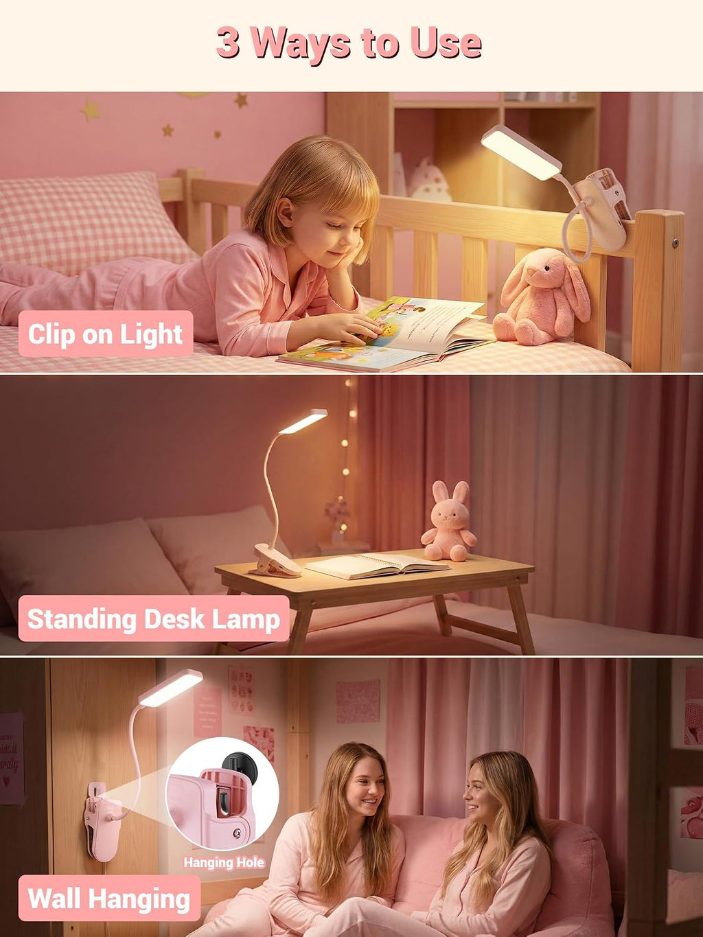 ReinHoo Pink Desk Lamp for Girls Bedroom,9 Brightness+5 Color Clip on Light,4000mAh Battery Rechargeable Desk Lamp Cute Lamp for Kid…
