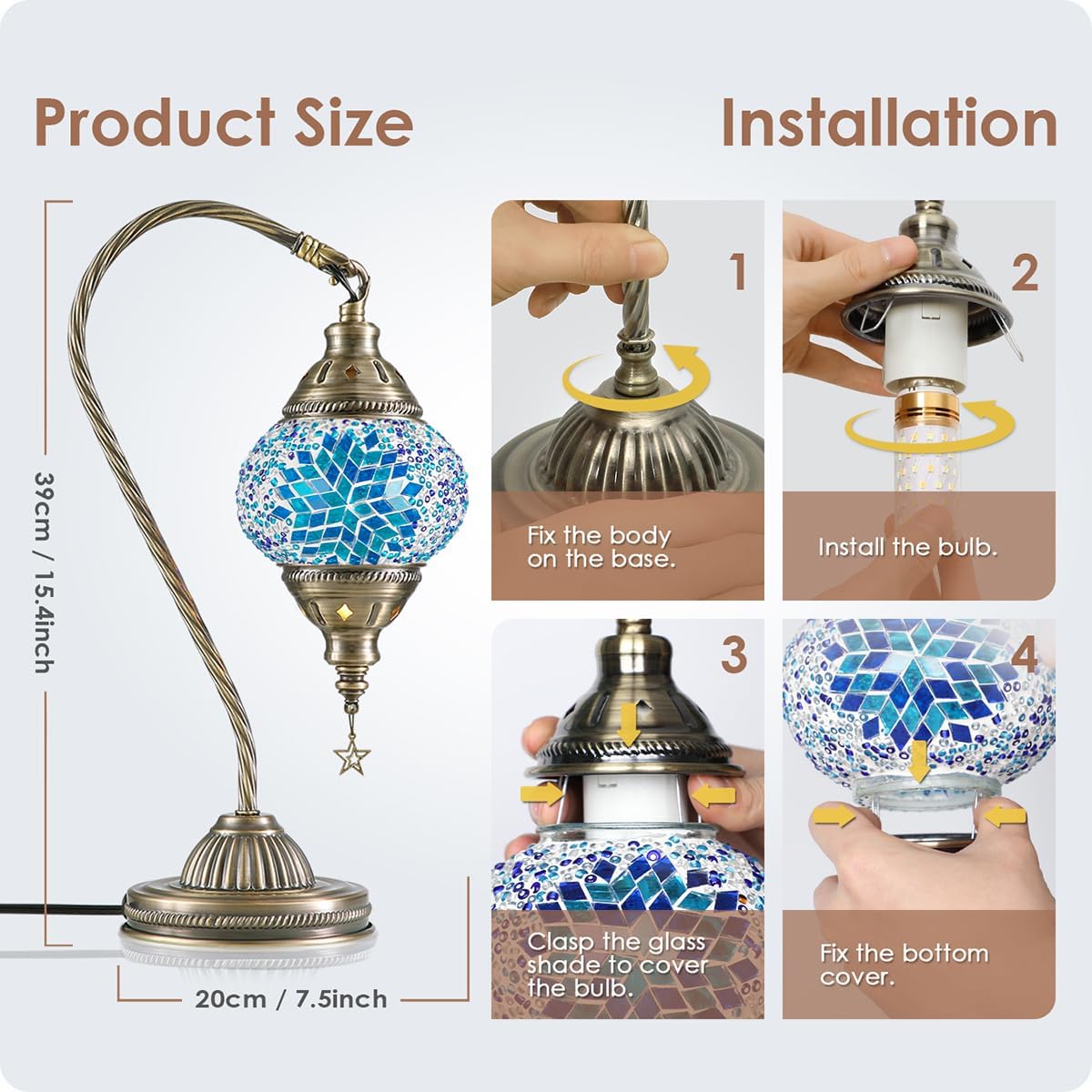 Yarra-Decor Turkish Moroccan Lamp with Bronze Base 3 Color Options Handmade Swan Neck Tiffany Mosaic Glass Bedside Lamps for Bedroom (LED…