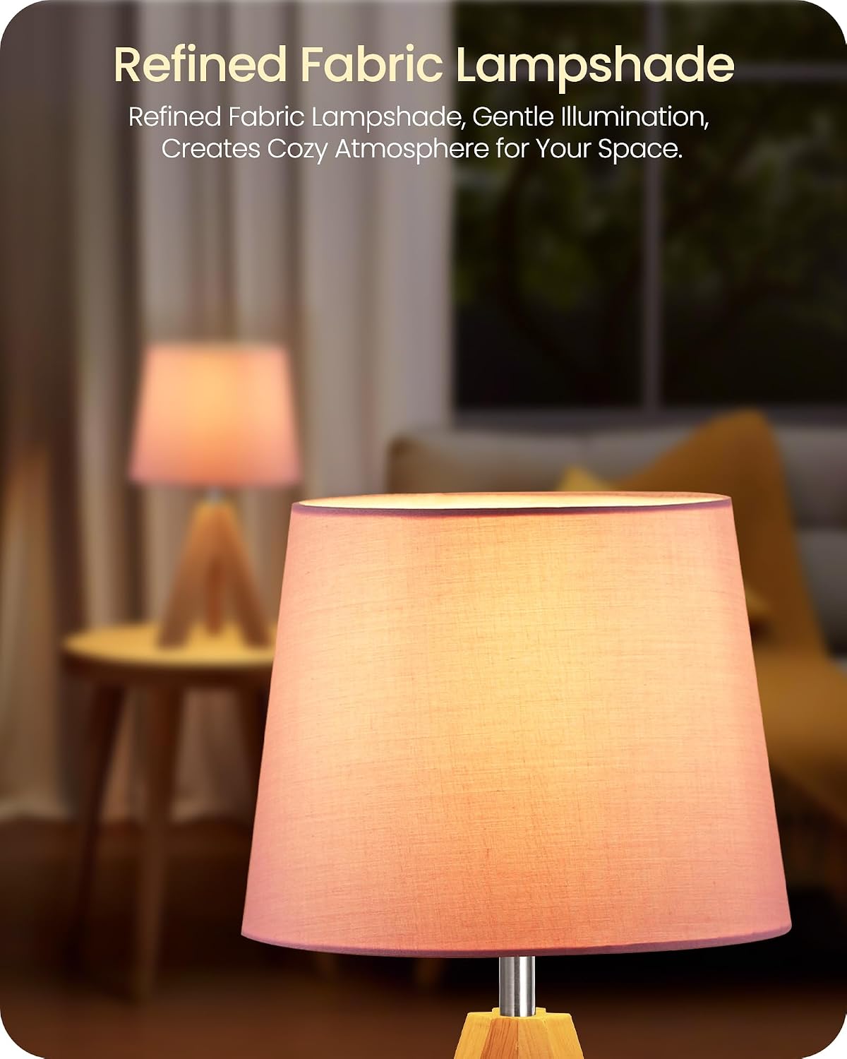 Pink Table Lamp, Small Tripod Table Lamp, Boho Bedside Lamp with Pink Linen Shade & Wood Base, Modern Nightstand Lamps, Little Cute Desk…