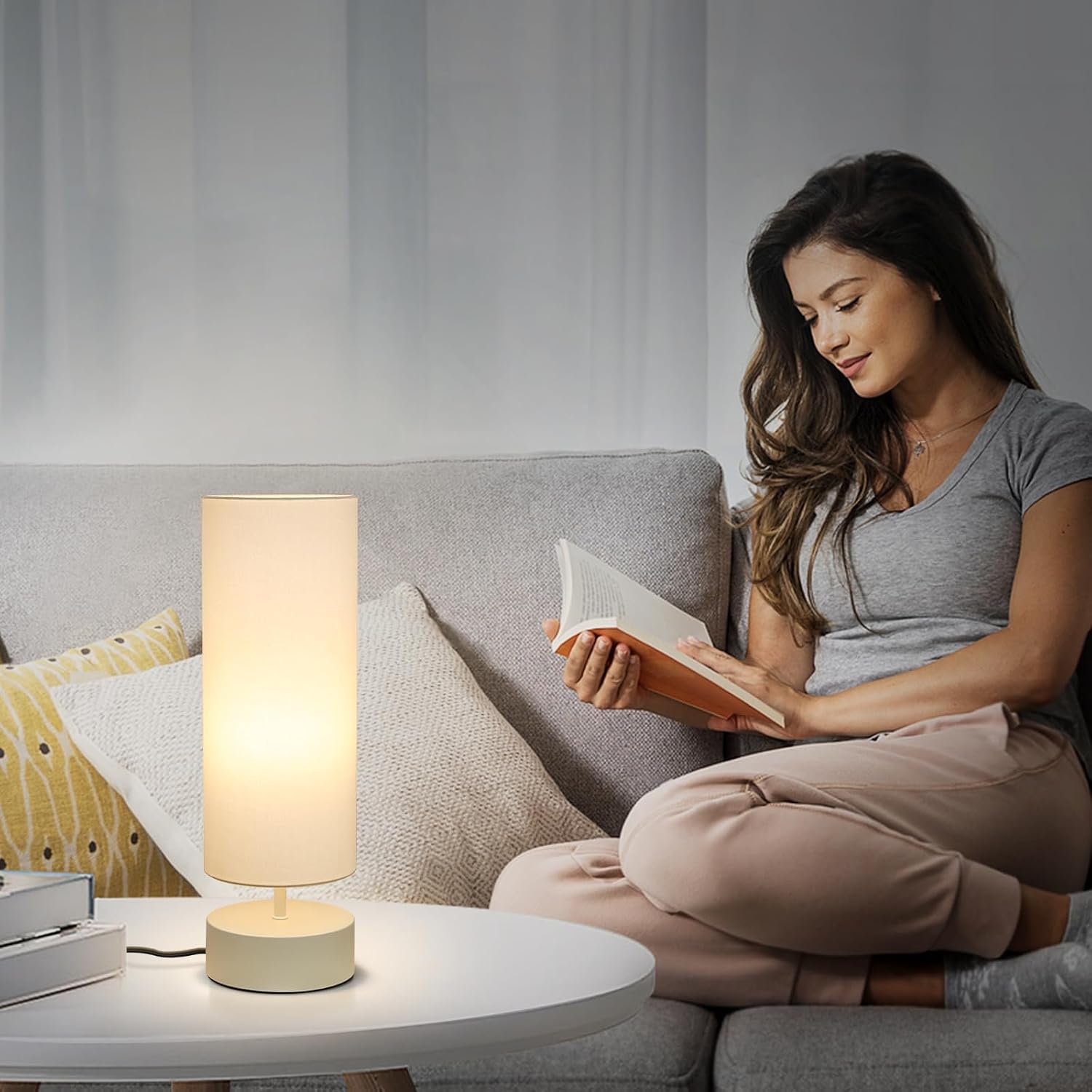 Touch Control Table Lamp, 3 Way Dimmable Bedside Table Lamp with Cream Base, Simple Nightstand Lamp with Beige Shade, Modern Night Light…