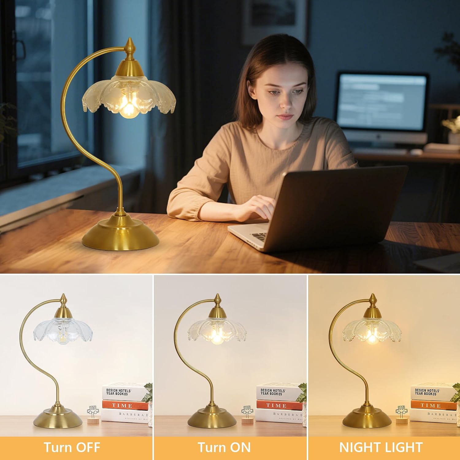 Glass Desk Lamp, Gold Table Lamps for Living Room, Brass Side Table Lamp with Clear Flower Shade, Desk Lamps for Home Office, Mid Century…