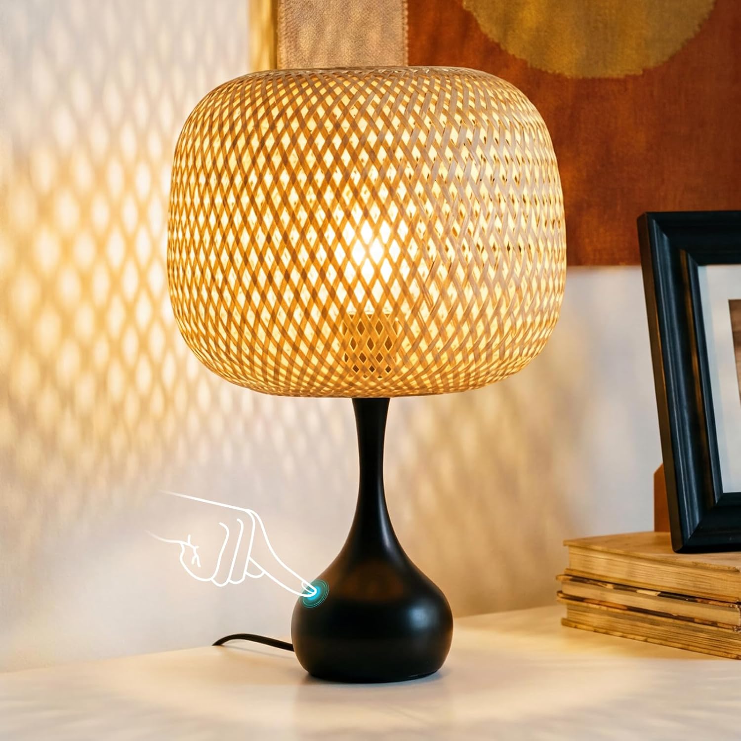 ONEWISH Touch Bedside Lamp for Bedroom, 3-Way Dimmable Table Lamps for Nightstand, Handwoven Bamboo Shade Desk Lamp for Living Room, Home…