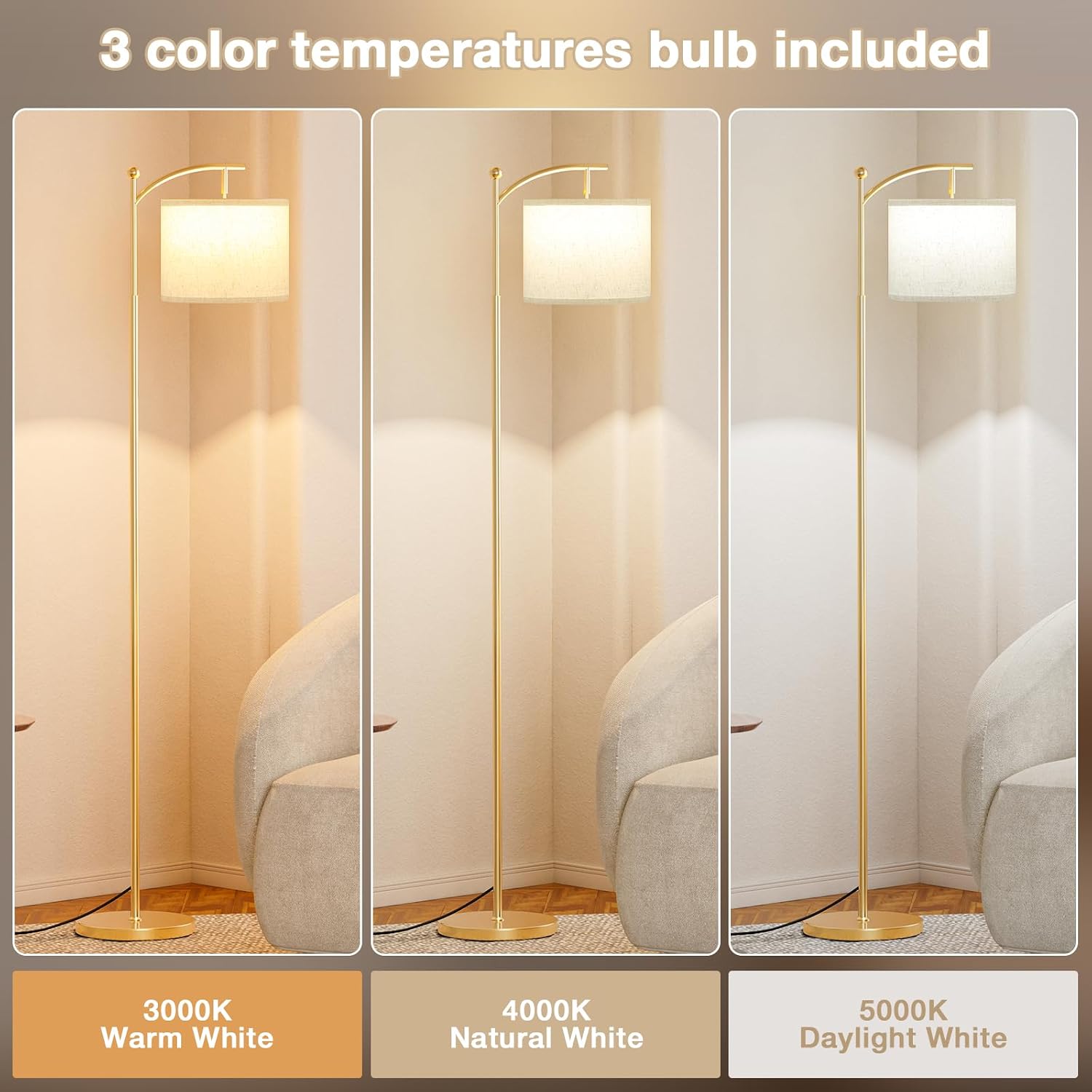 Ambimall 60" Floor Lamp with 3 Color Temperatures, Adjustable Beige Shade, Gold Pole - Tall Lamp for Living Room, Bedroom, Office…