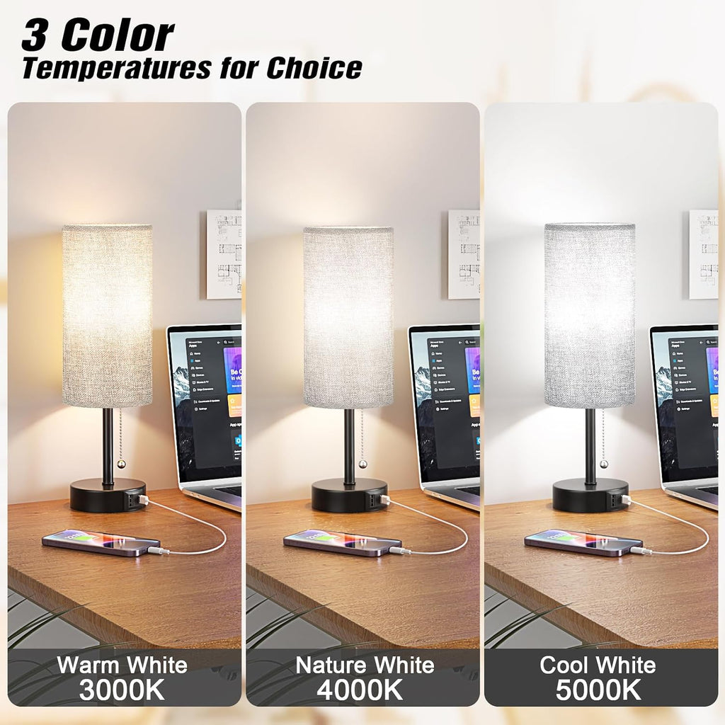 Grey Bedside Lamp for Bedroom Nightstand - Small Table Lamp with USB A + C Charging Port, 3 Color Temperatures Pull Chain Night Stand…
